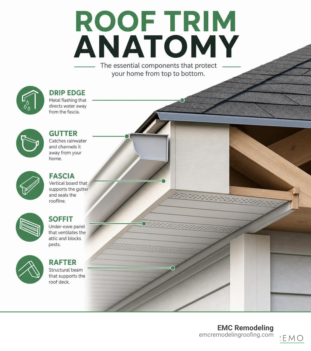 Roof trim anatomy infographic showing fascia, soffit, drip edge, gutter, and rafter positions infographic