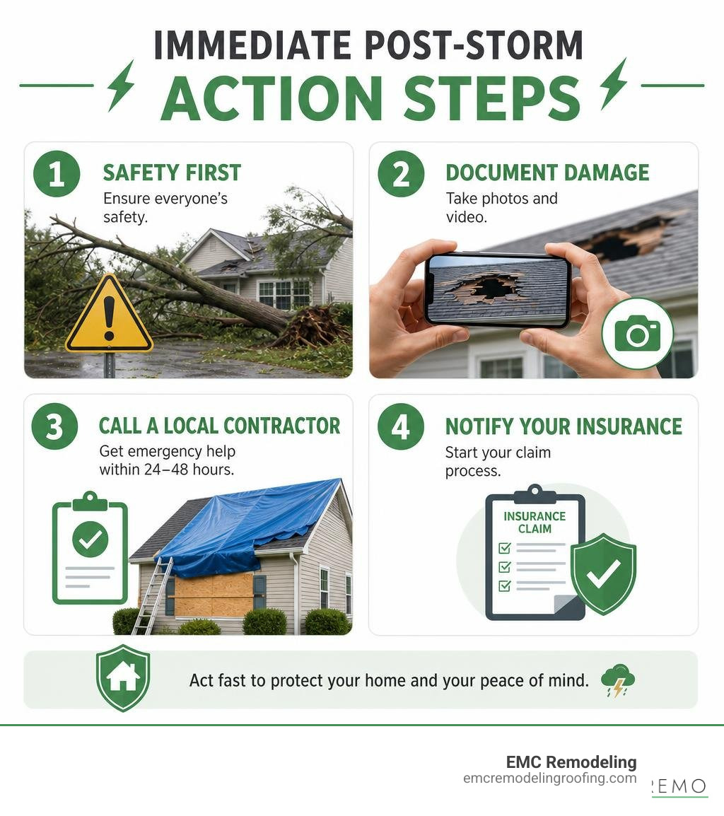 Immediate post-storm action steps: safety, documentation, contractor call, insurance notification infographic Immediate post-storm action steps: safety, documentation, contractor call, insurance notification infographic