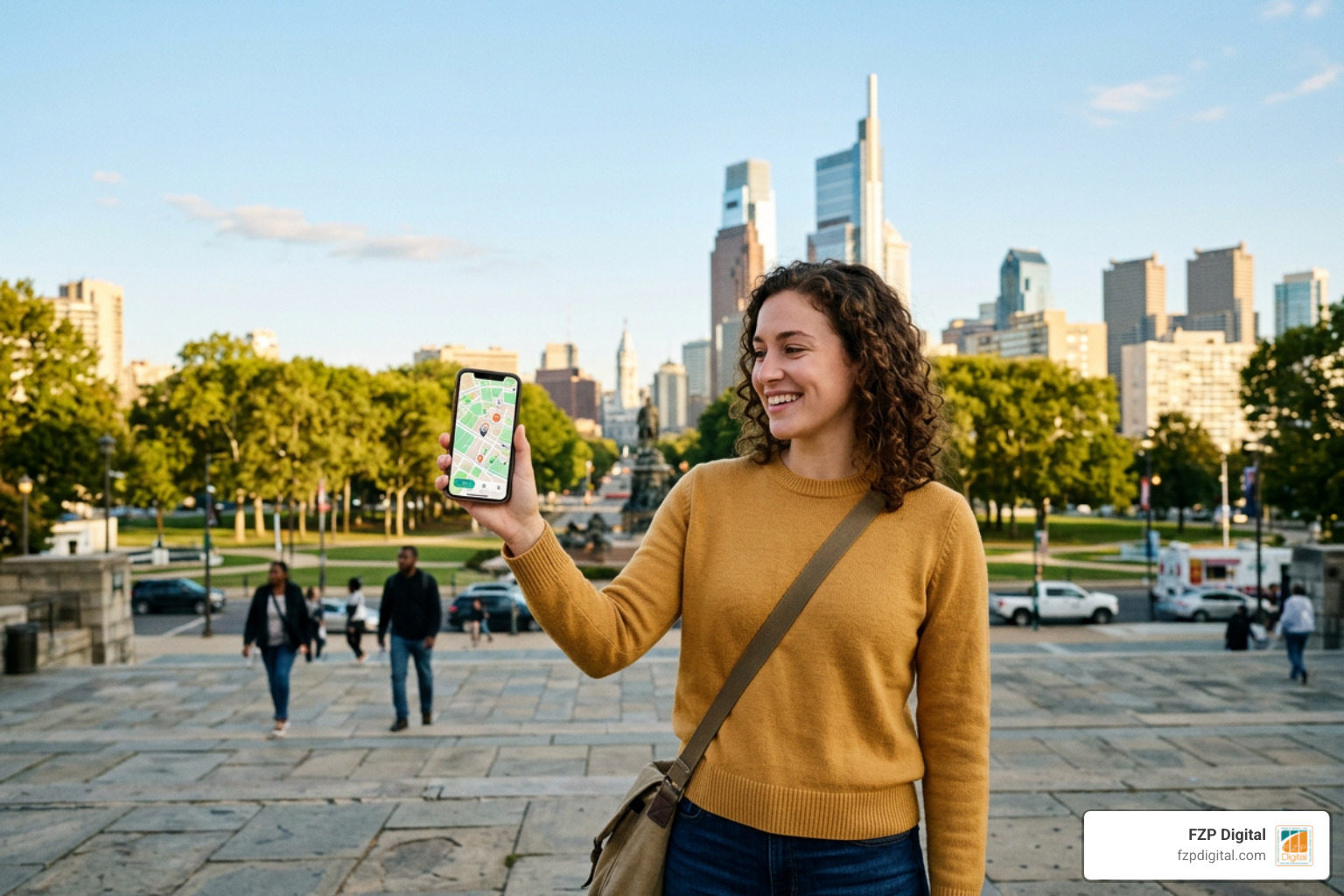 A customer in Downtown Philadelphia interacting with an interactive SVG map on a smartphone A customer in Downtown Philadelphia interacting with an interactive SVG map on a smartphone