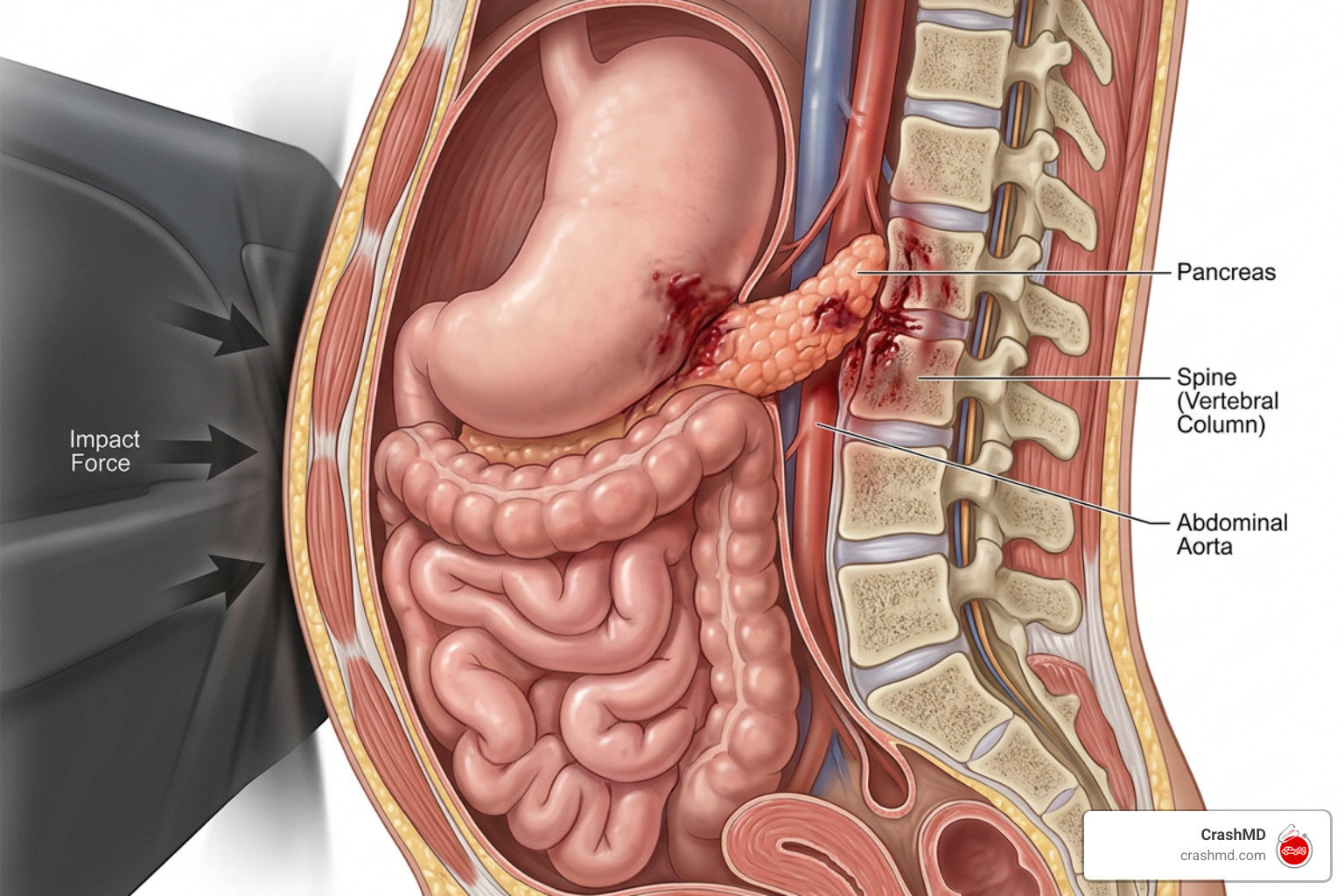Blunt abdominal trauma mechanism compressing the pancreas against the spine Blunt abdominal trauma mechanism compressing the pancreas against the spine