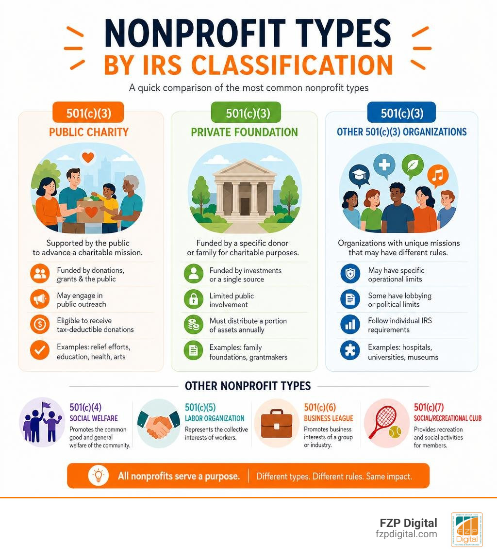 Infographic comparing 501c3 public charities vs private foundations vs other nonprofit types by IRS classification Infographic comparing 501c3 public charities vs private foundations vs other nonprofit types by IRS classification