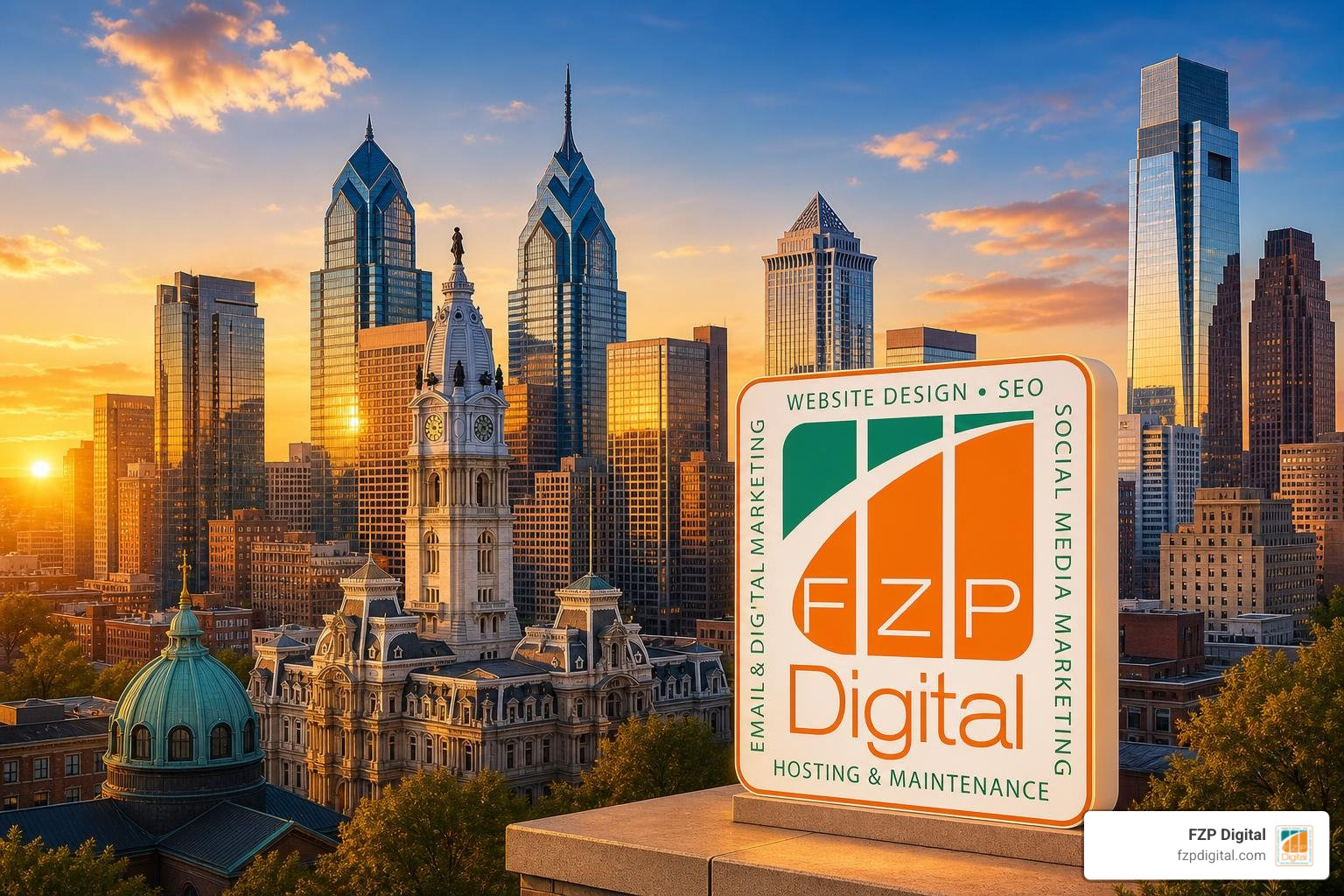 Philadelphia WordPress websites with FZP Digital logo against Philadelphia skyline Philadelphia WordPress websites with FZP Digital logo against Philadelphia skyline