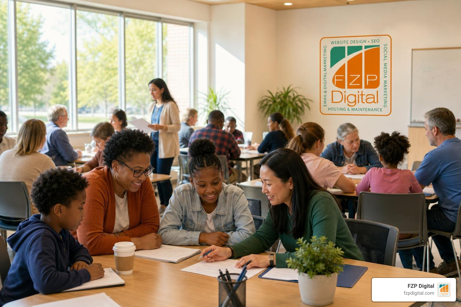 local community center hosting an educational workshop with the FZP Digital logo local community center hosting an educational workshop with the FZP Digital logo