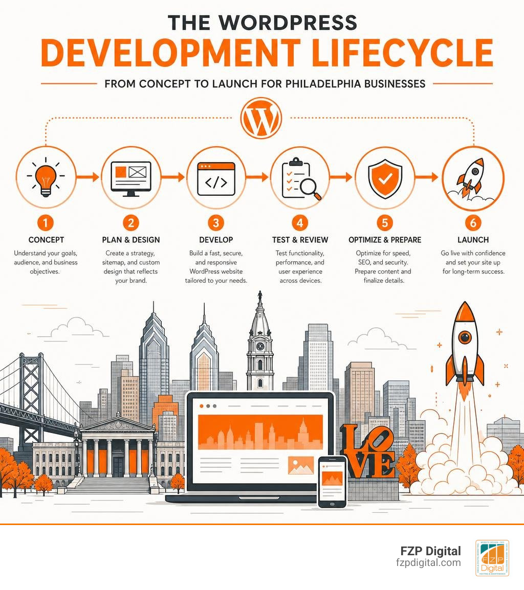 Infographic showing the WordPress development lifecycle from concept to launch for Philadelphia businesses infographic Infographic showing the WordPress development lifecycle from concept to launch for Philadelphia businesses infographic