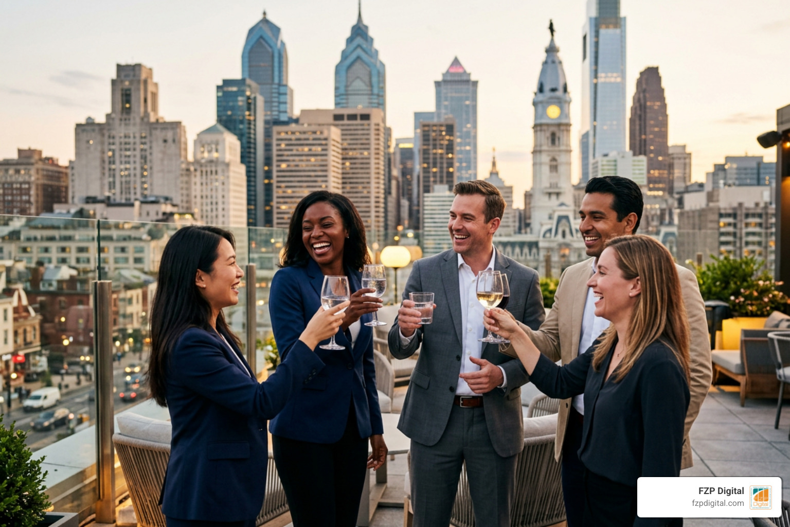 Happy business professionals in Downtown Philadelphia celebrating organic traffic growth Happy business professionals in Downtown Philadelphia celebrating organic traffic growth