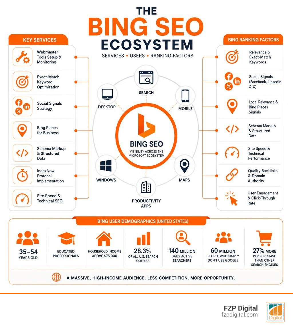Bing SEO ecosystem infographic showing key services, user demographics, and ranking factors infographic Bing SEO ecosystem infographic showing key services, user demographics, and ranking factors infographic