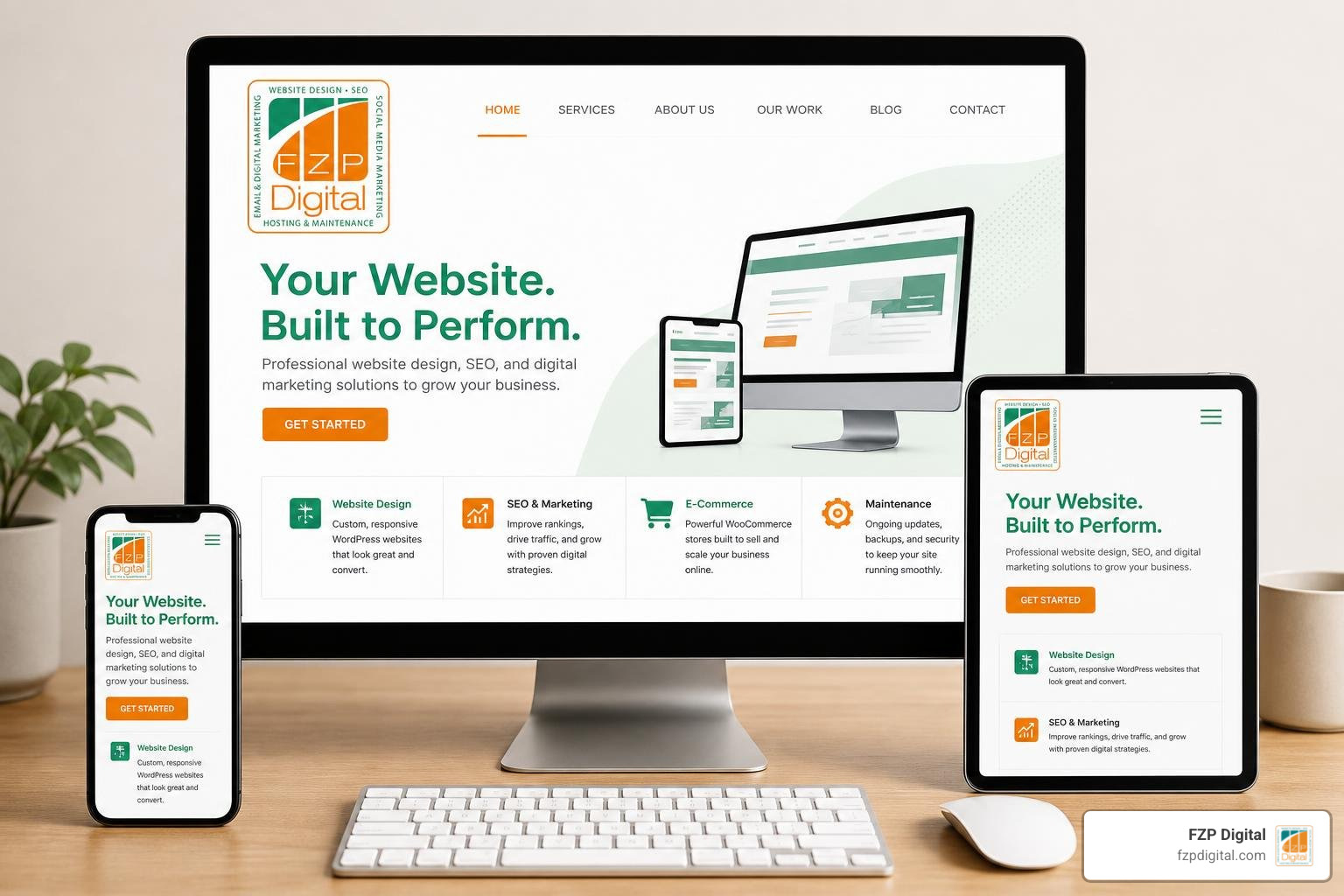 Modern responsive business website on desktop, tablet, and smartphone with FZP Digital branding Modern responsive business website on desktop, tablet, and smartphone with FZP Digital branding