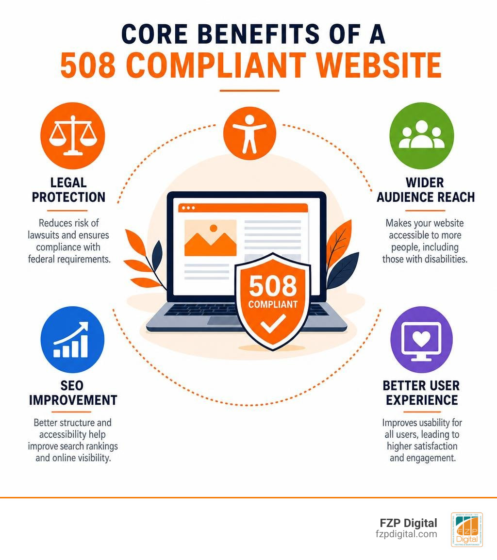 Infographic showing core benefits of a 508 compliant website including legal protection, wider audience reach, SEO Infographic showing core benefits of a 508 compliant website including legal protection, wider audience reach, SEO