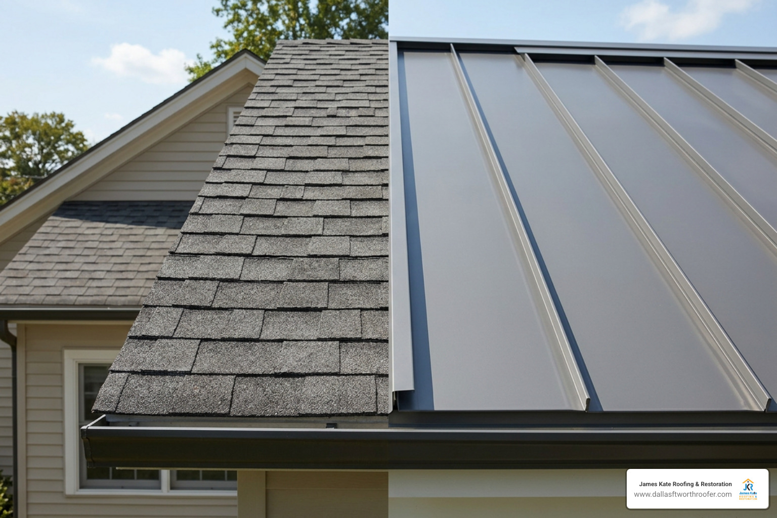 Traditional asphalt shingles next to sleek metal roofing panels Traditional asphalt shingles next to sleek metal roofing panels