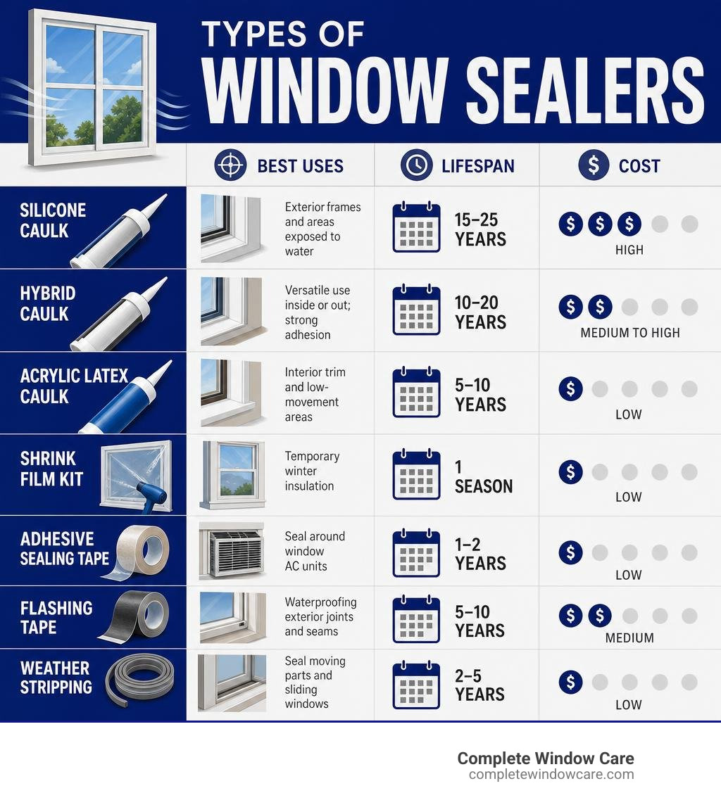 Types of window sealers, best uses, lifespan, and cost comparison infographic infographic