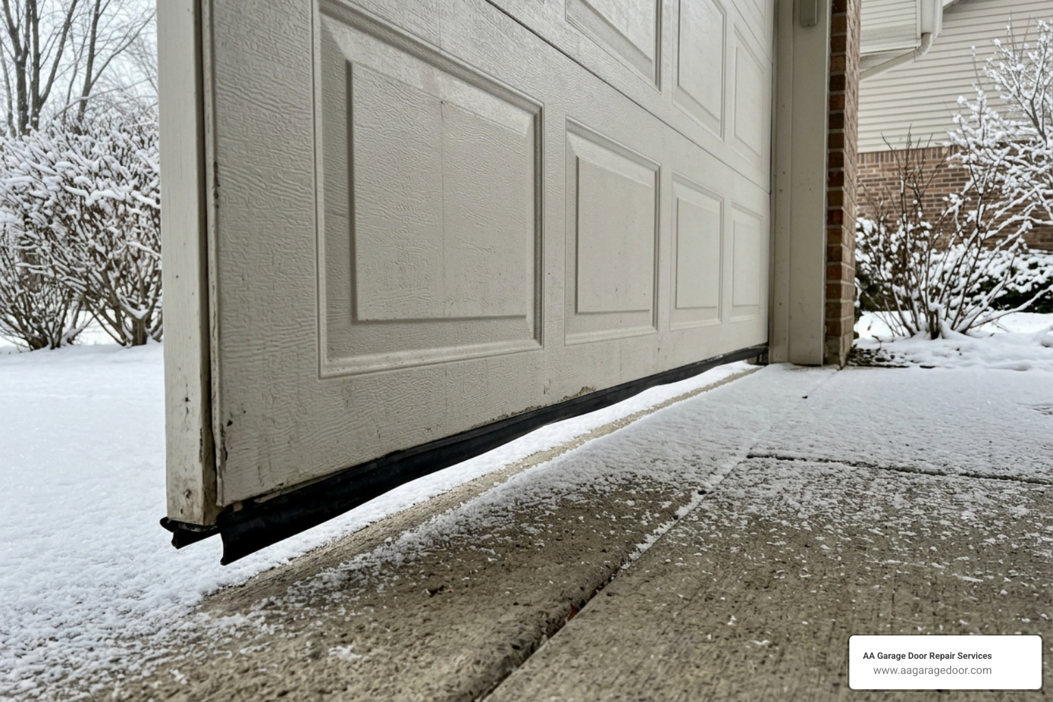 A garage door with a noticeable gap at the bottom, letting in cold air A garage door with a noticeable gap at the bottom, letting in cold air