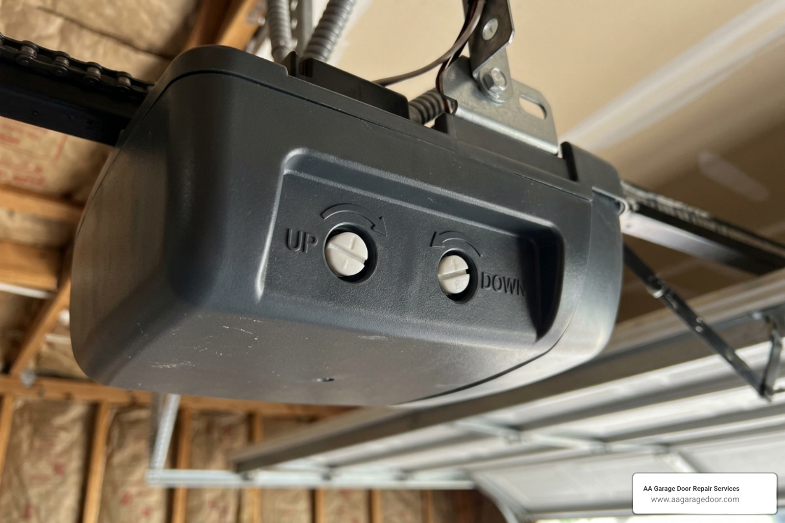 Close-up of manual adjustment screws labeled UP and DOWN on a garage door opener motor Close-up of manual adjustment screws labeled UP and DOWN on a garage door opener motor