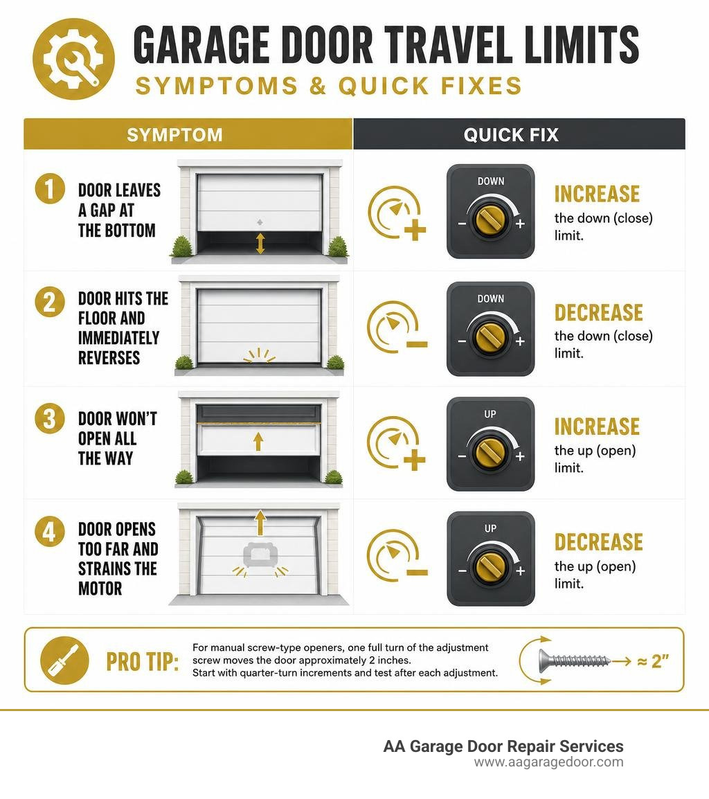 Infographic showing symptoms of misaligned garage door travel limits and their quick fixes infographic Infographic showing symptoms of misaligned garage door travel limits and their quick fixes infographic
