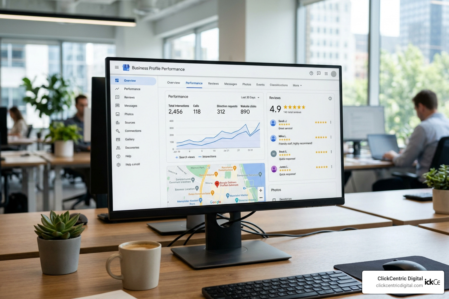 A fully optimized Google Business Profile dashboard showing high engagement