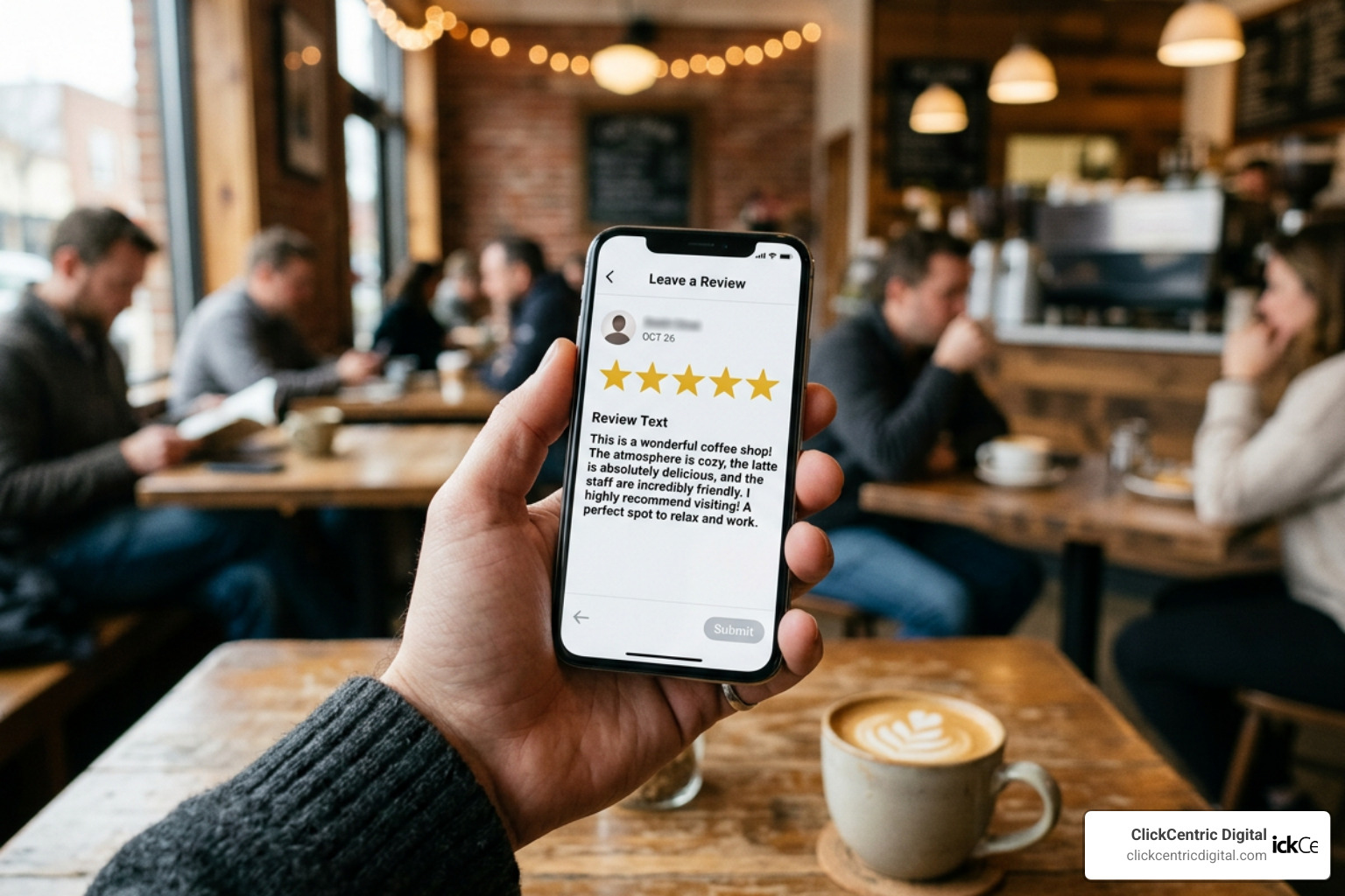 A customer leaving a five-star review on a smartphone