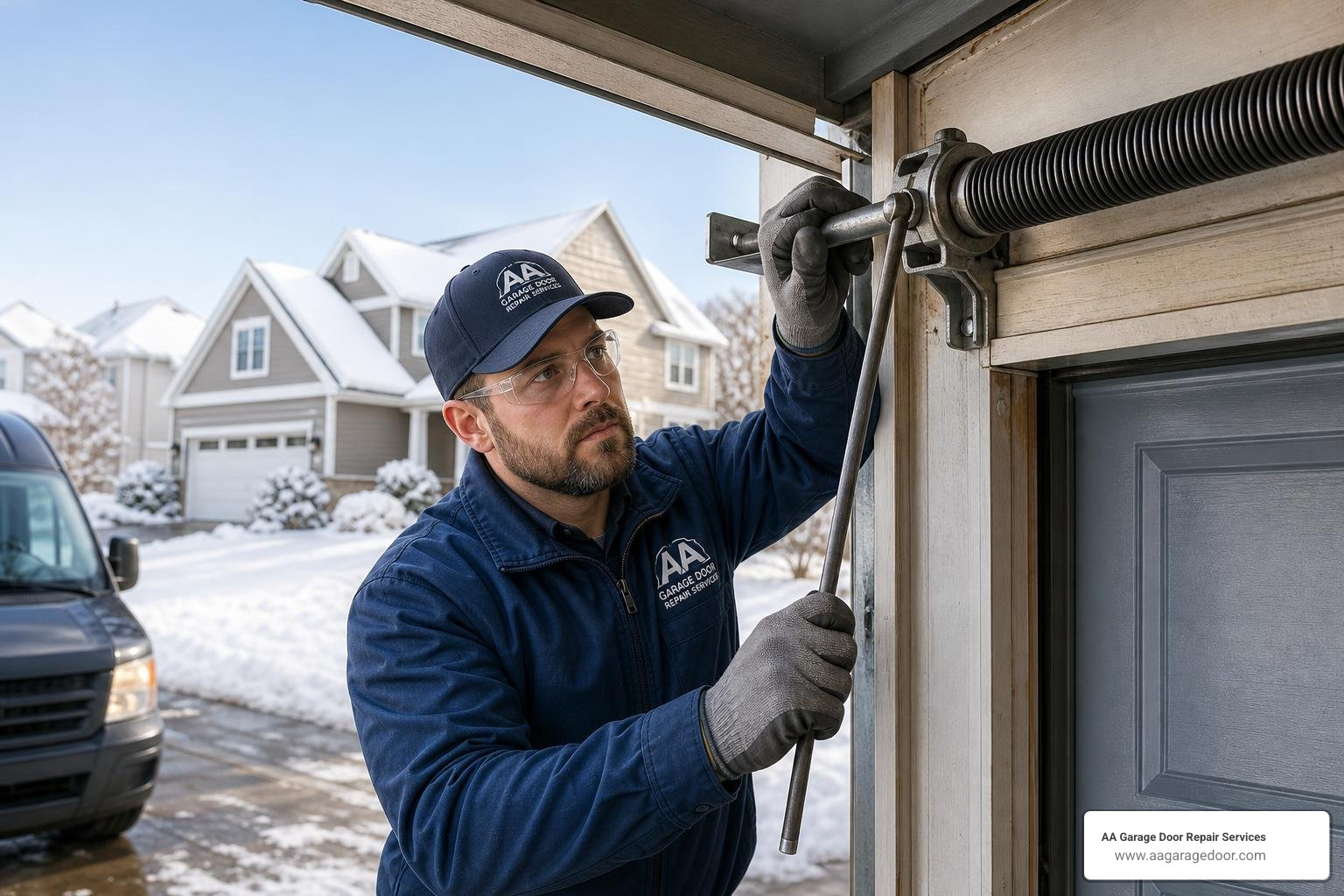 Professional technician safely adjusting a high-tension garage door spring Professional technician safely adjusting a high-tension garage door spring
