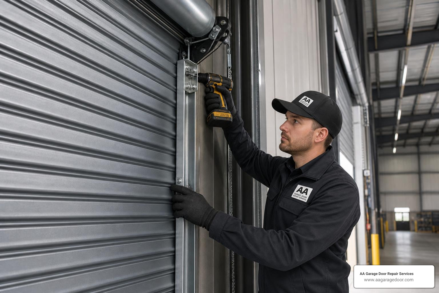 Commercial roll-up door installation at a local warehouse facility Commercial roll-up door installation at a local warehouse facility