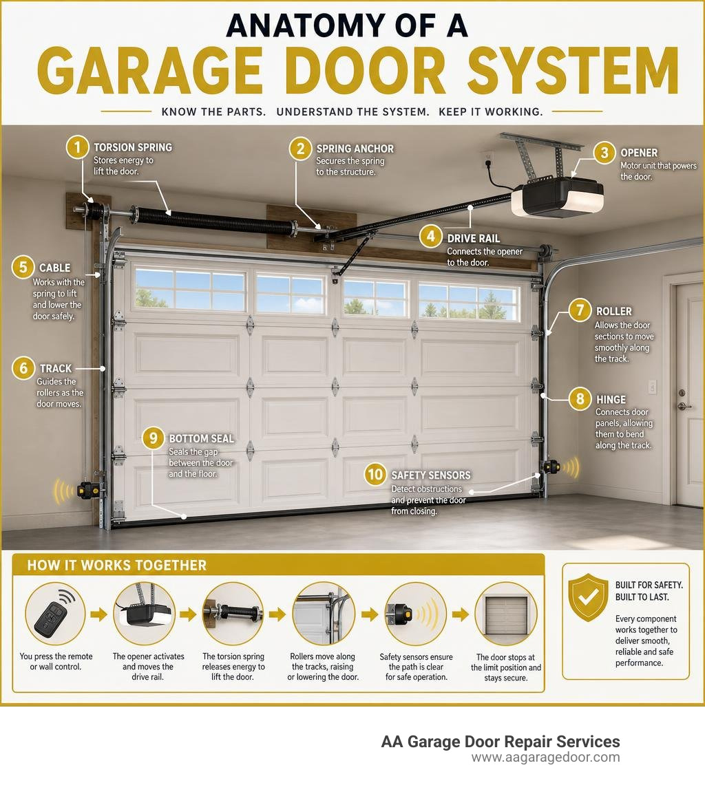 Anatomy of a garage door system showing all major components and how they work together infographic Anatomy of a garage door system showing all major components and how they work together infographic