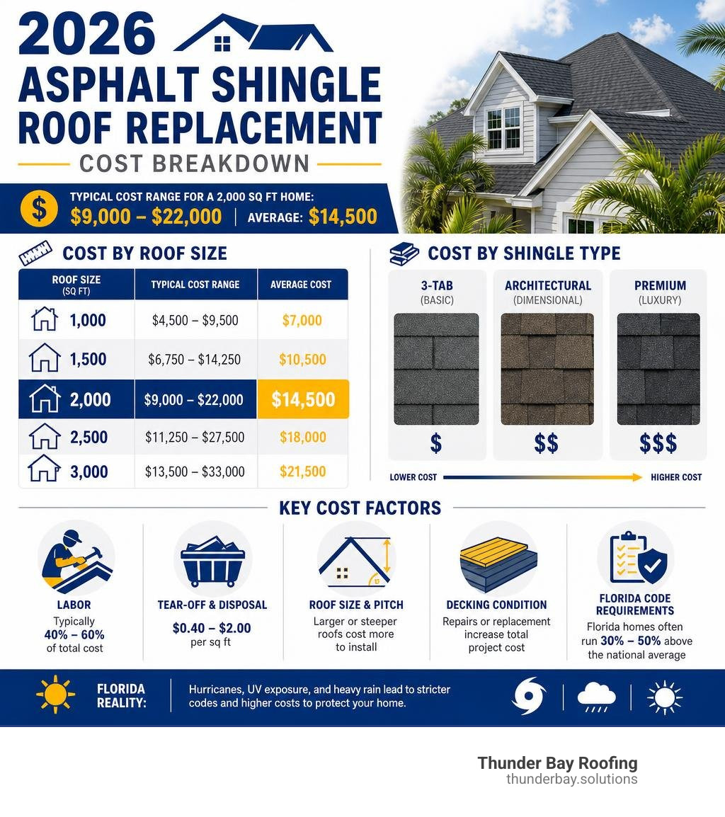 Infographic showing 2026 asphalt shingle roof replacement cost breakdown by size, shingle type, and key cost factors Infographic showing 2026 asphalt shingle roof replacement cost breakdown by size, shingle type, and key cost factors