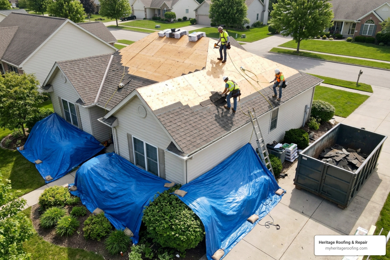 clean and organized roofing job site with protective tarps over landscaping