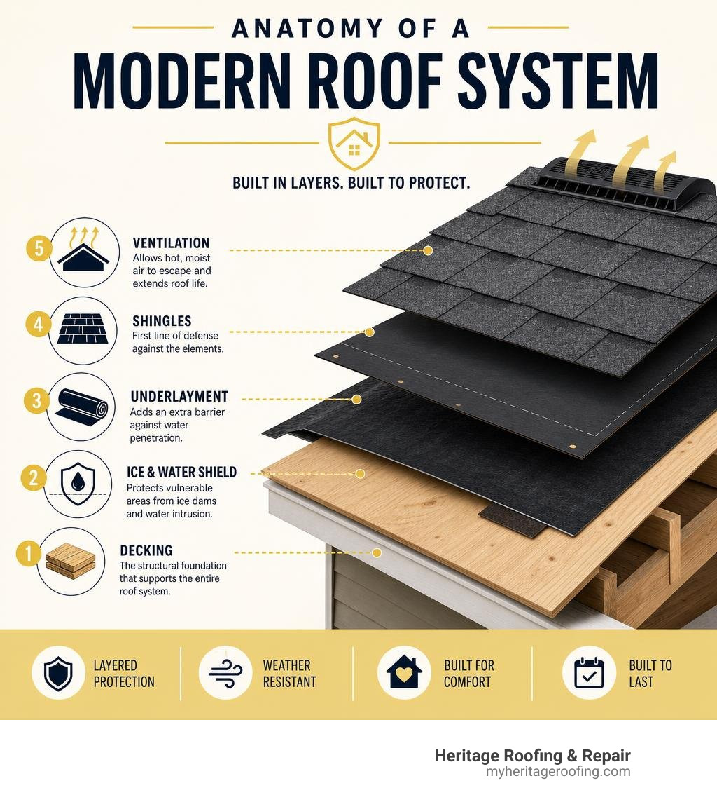 Anatomy of a modern roof system showing decking, underlayment, ice/water shield, shingles, and ventilation layers infographic