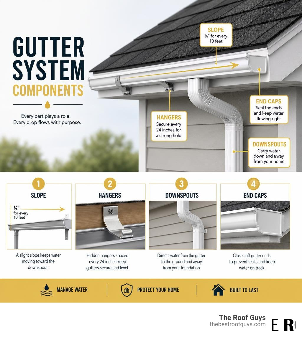 Gutter system components infographic showing slope, hangers, downspouts, and end caps infographic Gutter system components infographic showing slope, hangers, downspouts, and end caps infographic