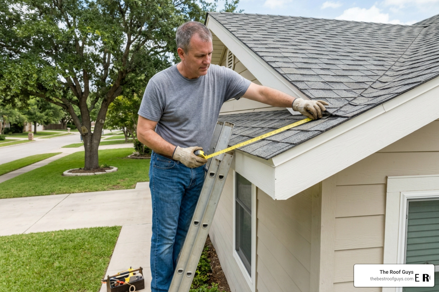 homeowner measuring a roofline with a tape measure homeowner measuring a roofline with a tape measure