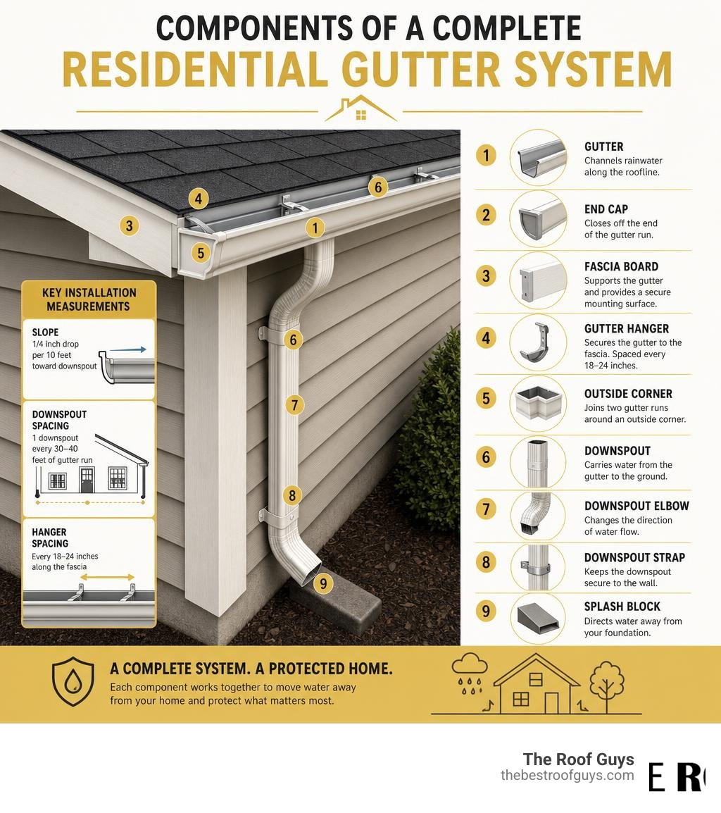 Components of a complete residential gutter system with labels and measurements infographic Components of a complete residential gutter system with labels and measurements infographic