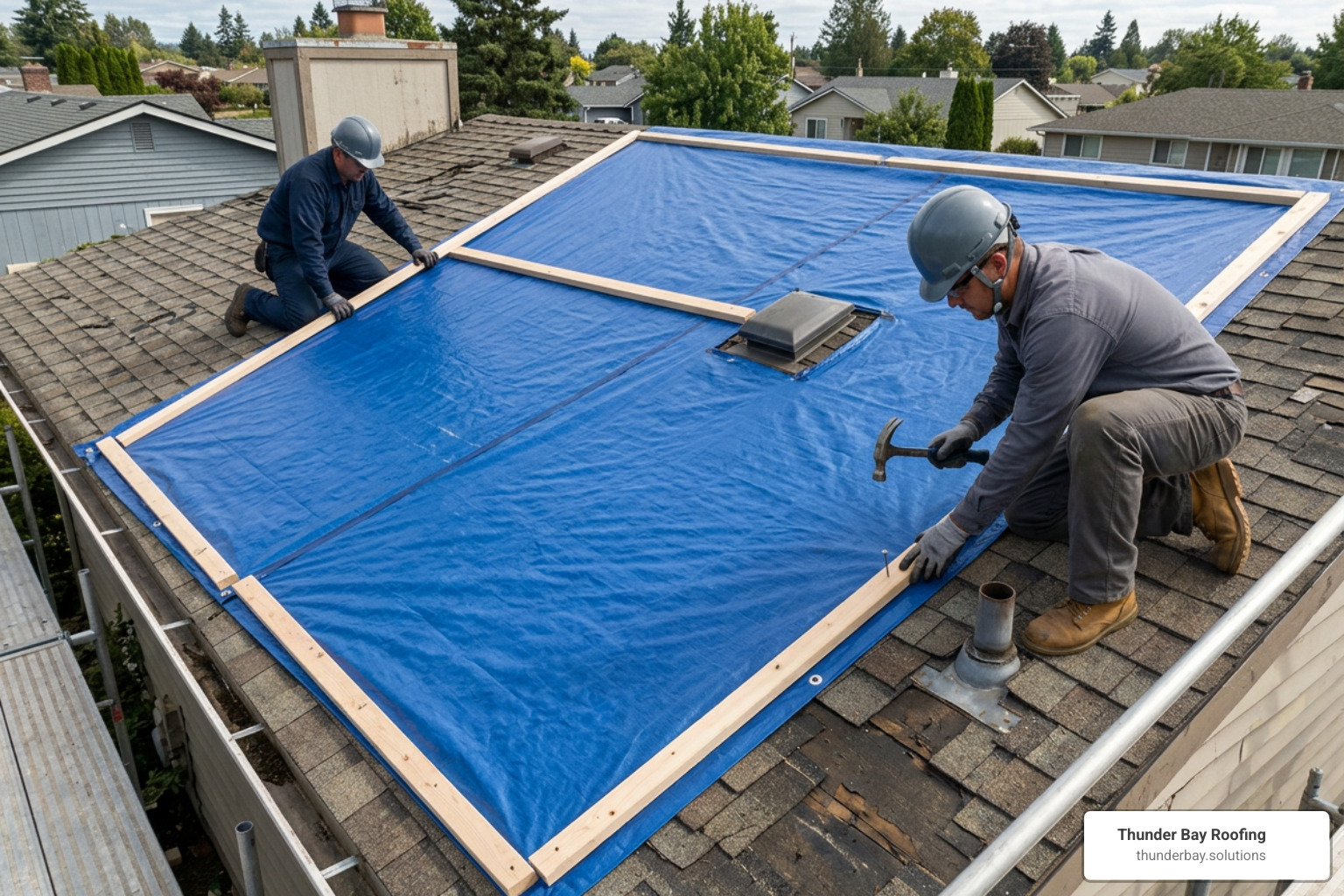 Professional roof tarp installation using wooden batten strips
