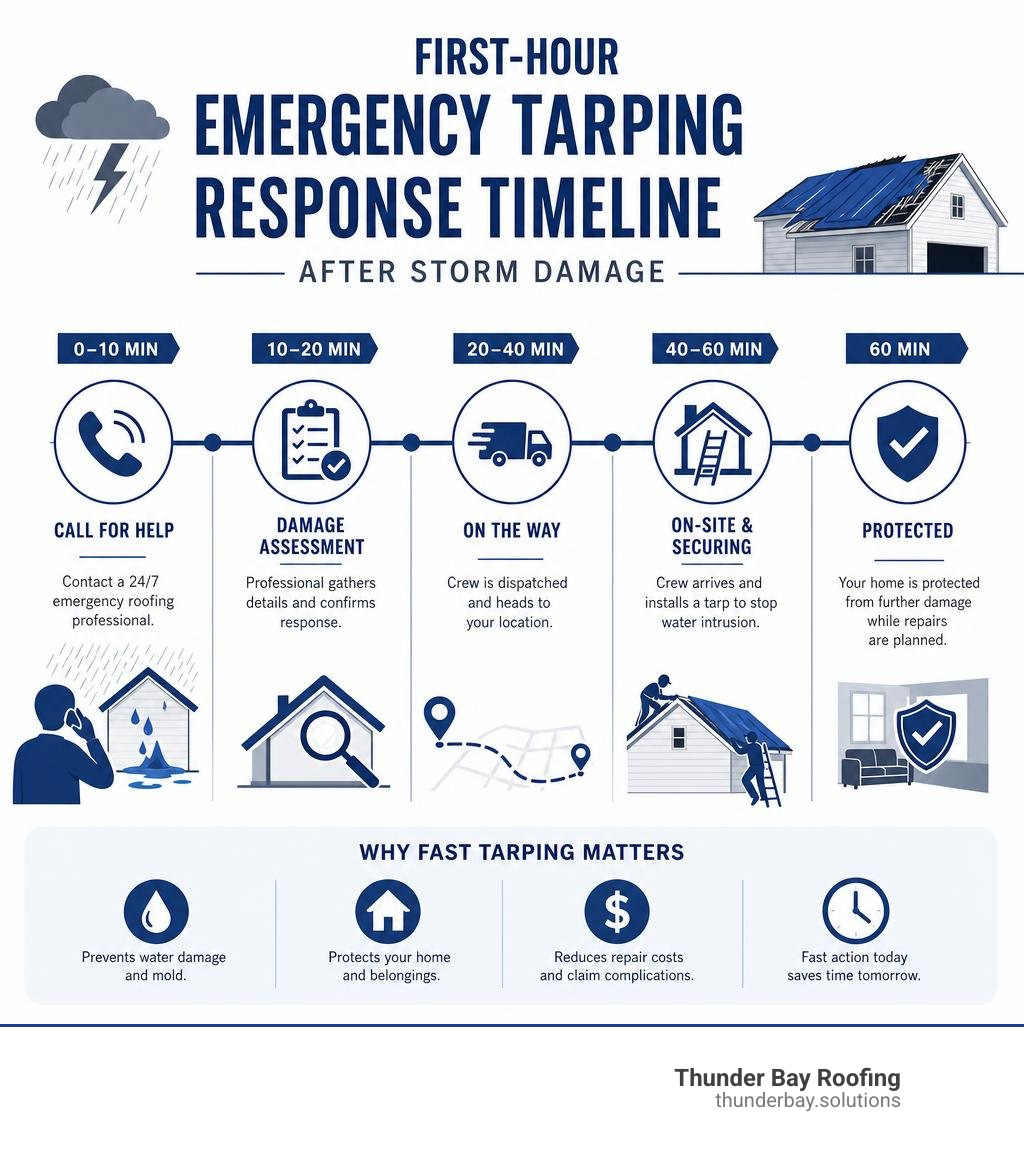 First-hour emergency tarping response timeline for homeowners after storm damage infographic