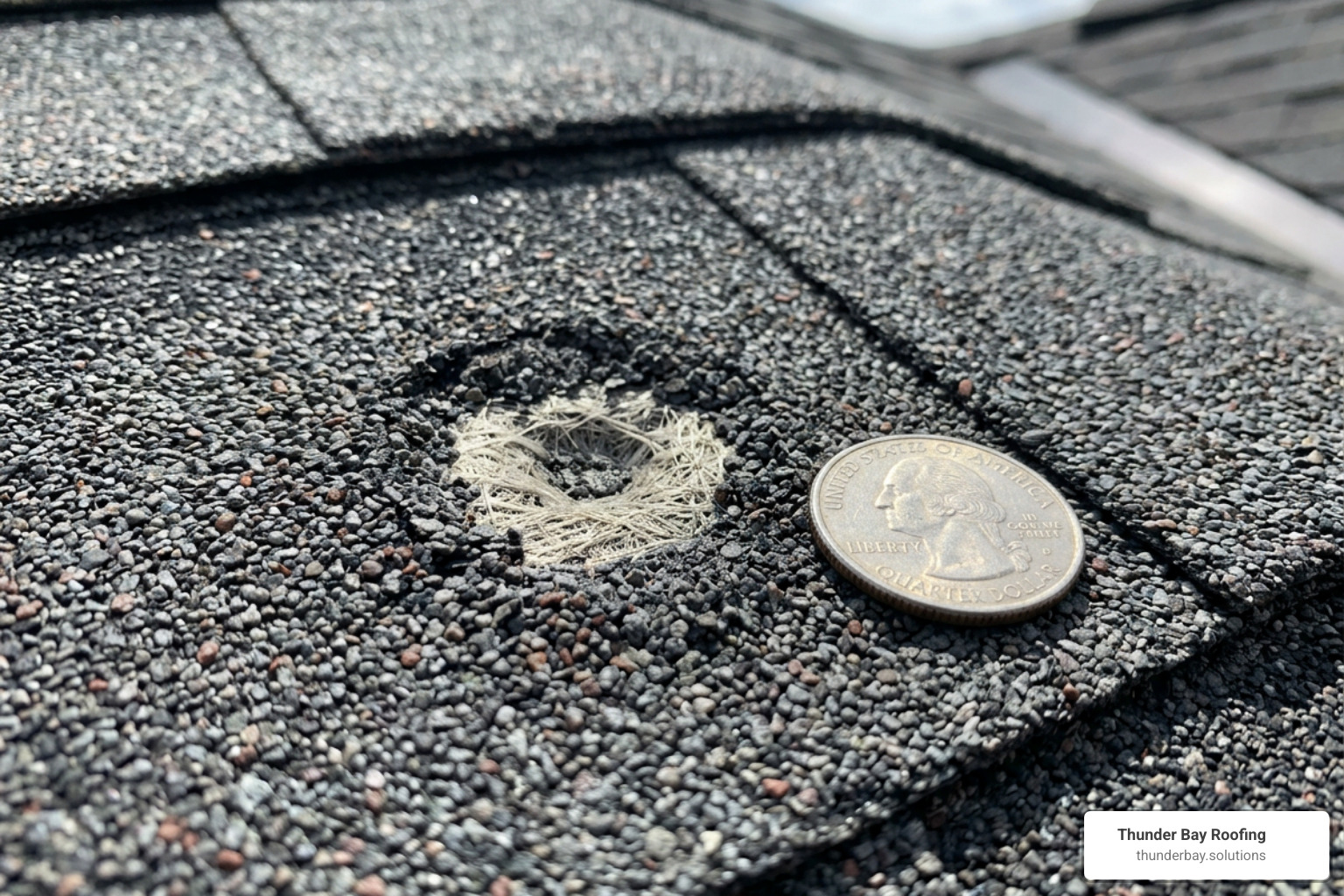 Close-up photo of a hail impact mark on a shingle, using a coin for scale reference to show granule displacement and a Close-up photo of a hail impact mark on a shingle, using a coin for scale reference to show granule displacement and a