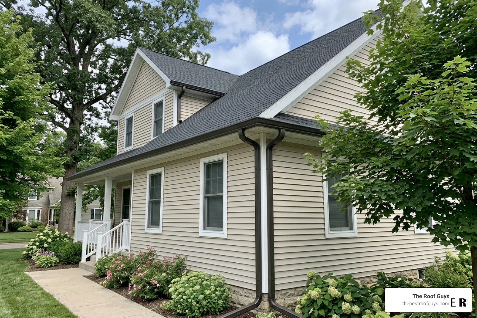 Completed seamless gutter system protecting a home Completed seamless gutter system protecting a home