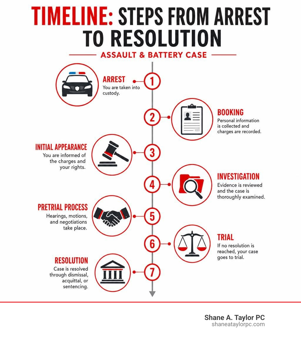 Timeline of steps from arrest to resolution in an assault and battery case infographic Timeline of steps from arrest to resolution in an assault and battery case infographic
