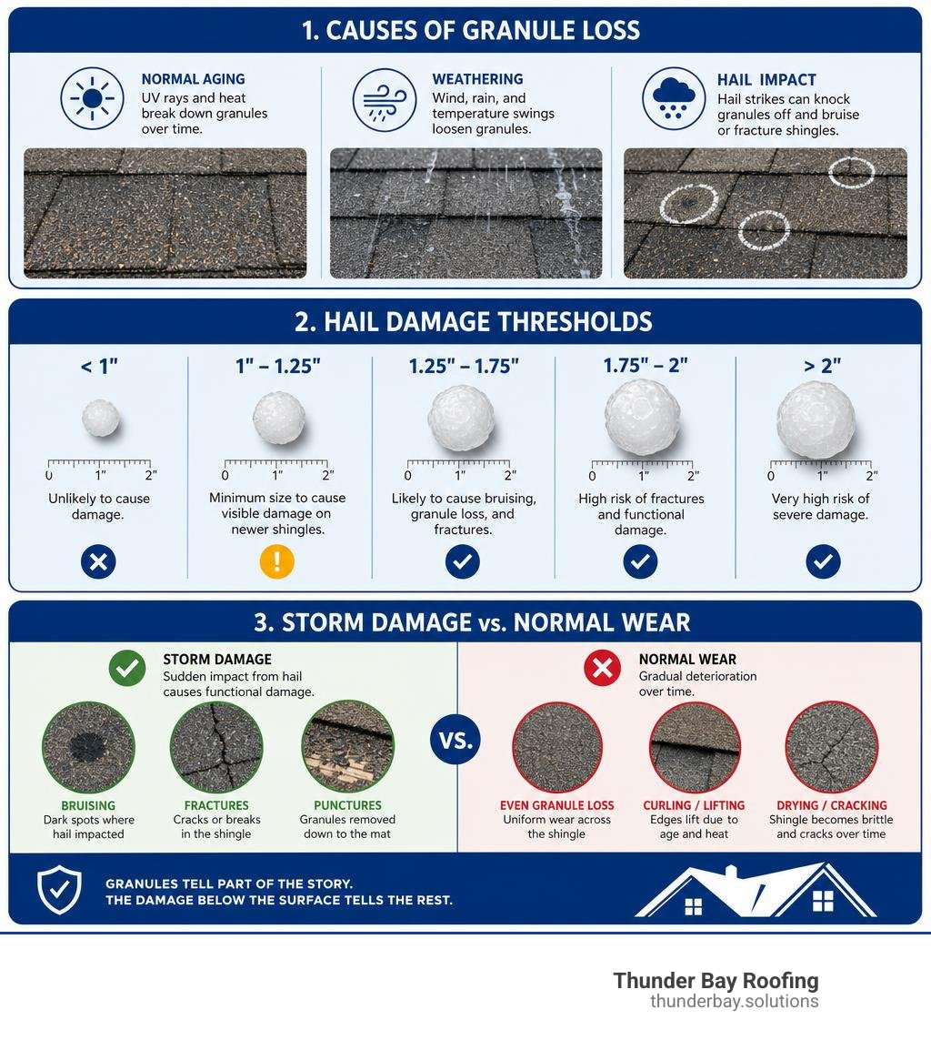 Infographic showing causes of granule loss, hail damage thresholds, and how to distinguish storm damage from normal wear Infographic showing causes of granule loss, hail damage thresholds, and how to distinguish storm damage from normal wear