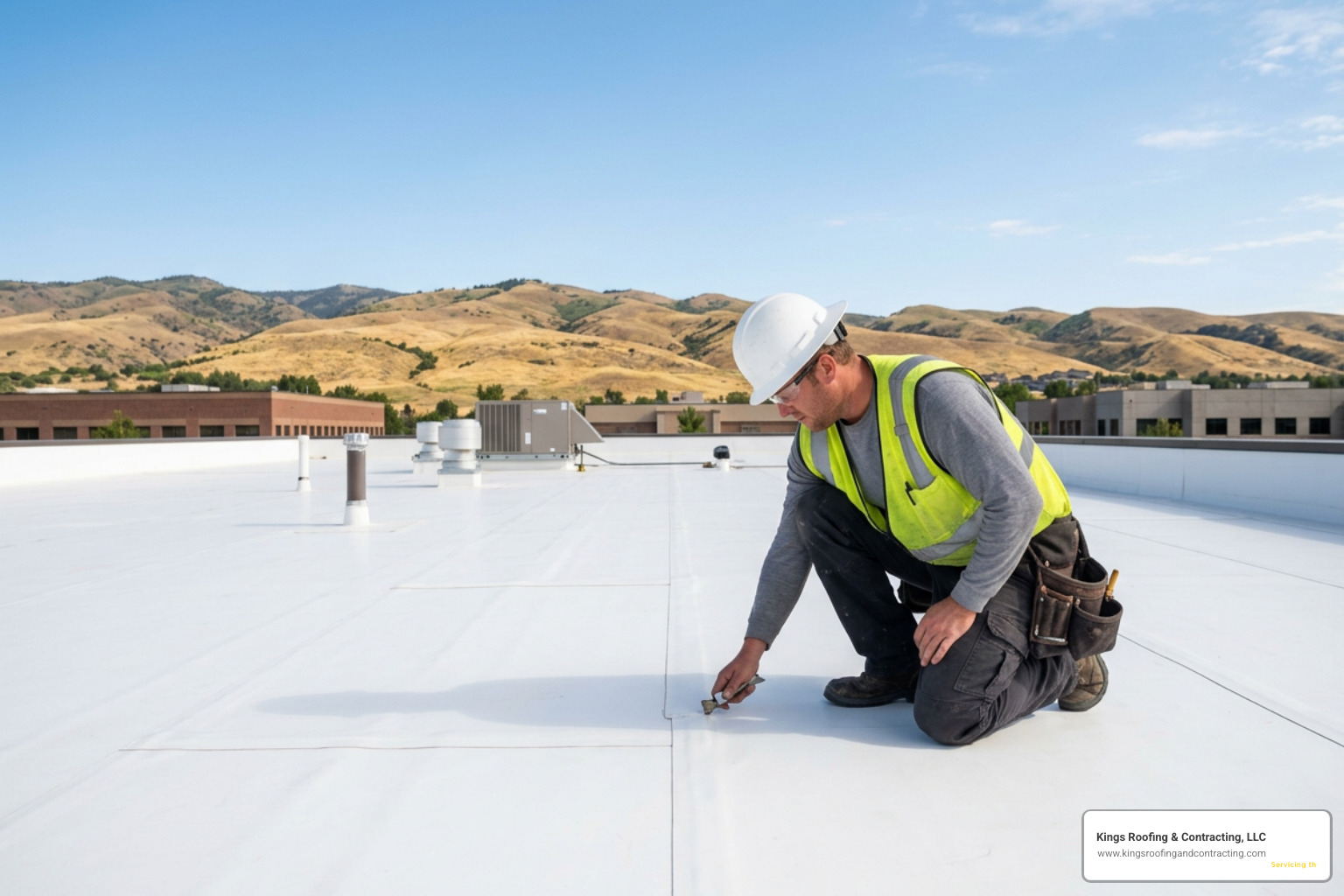 Professional commercial roof inspection on a flat TPO roof in Boise Idaho Professional commercial roof inspection on a flat TPO roof in Boise Idaho