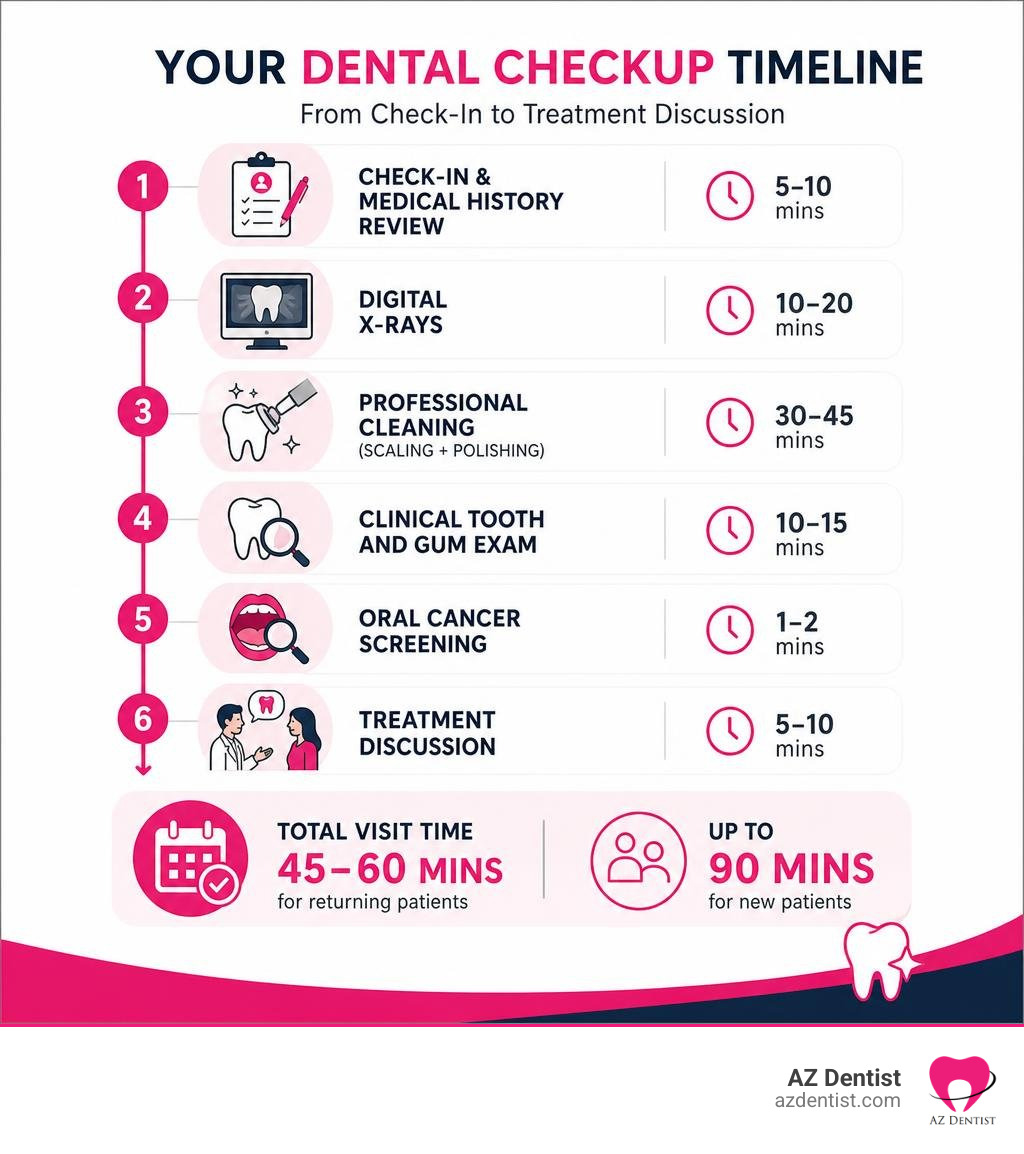 Infographic showing the dental checkup timeline from check-in to treatment discussion with durations for each step