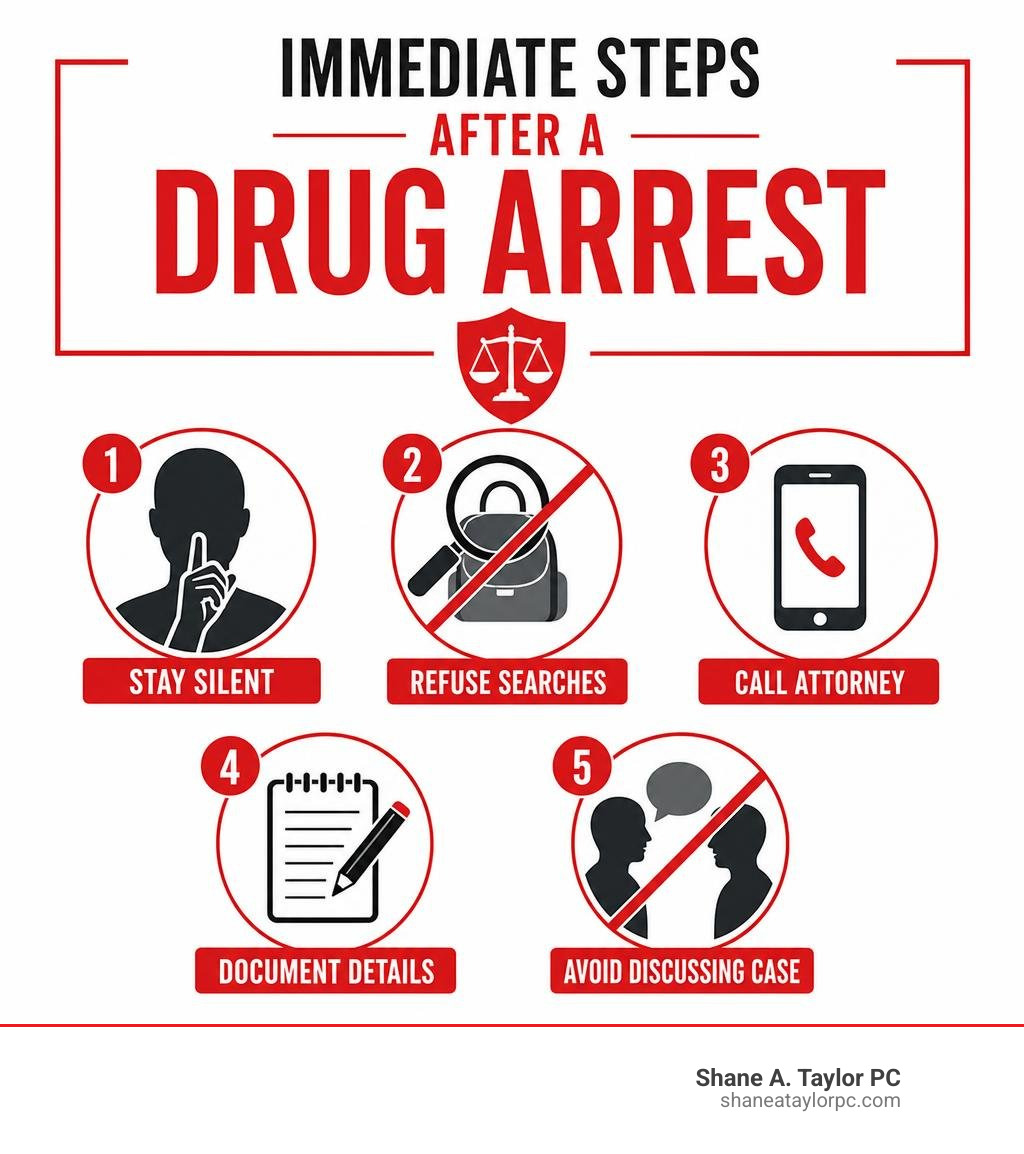 Immediate steps after a drug arrest: stay silent, refuse searches, call attorney, document details, avoid discussing case
