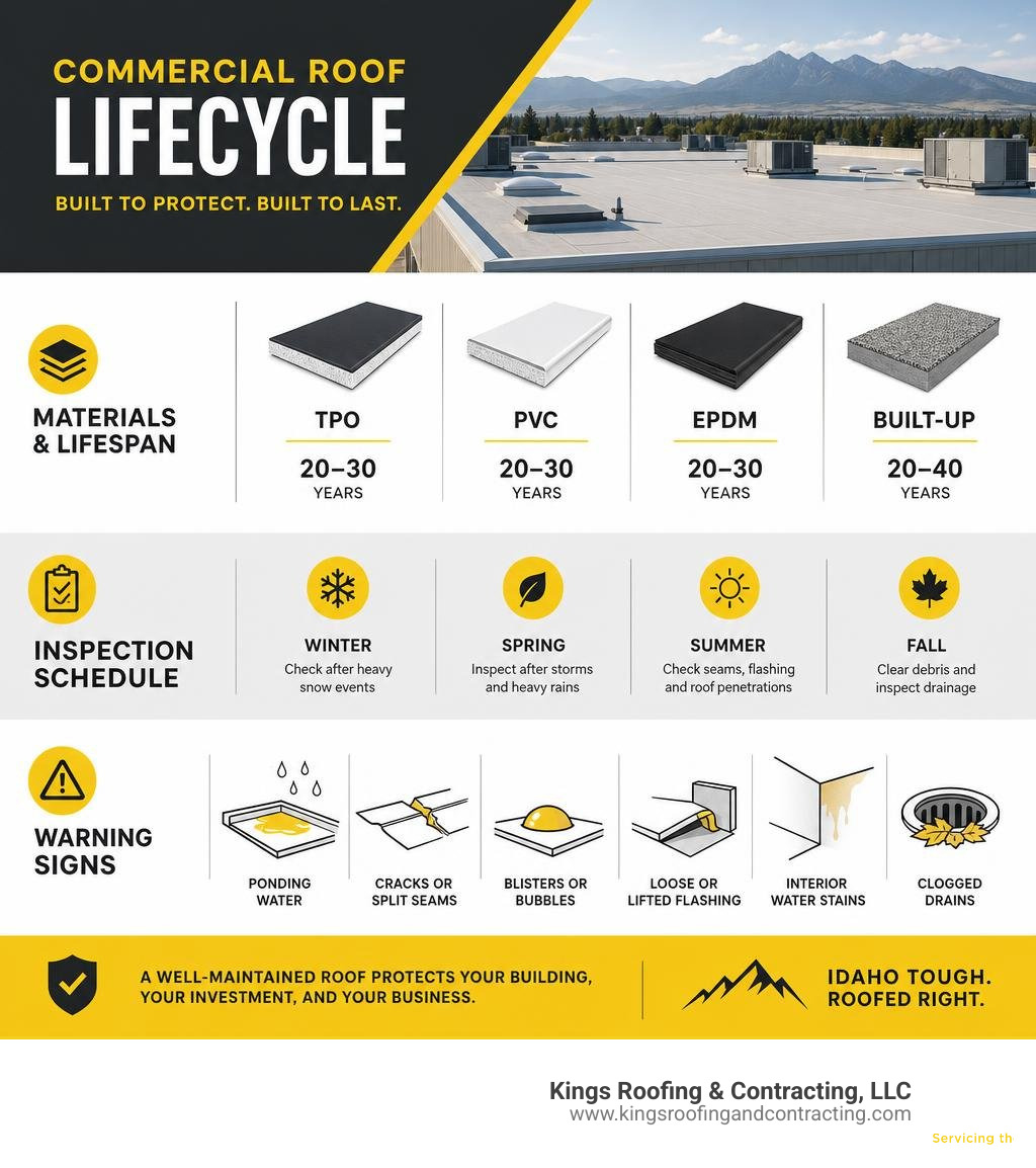 Commercial roof lifecycle infographic: materials, lifespan, inspection schedule, and warning signs infographic Commercial roof lifecycle infographic: materials, lifespan, inspection schedule, and warning signs infographic