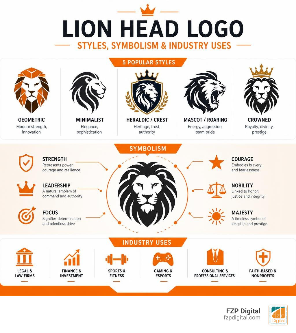 Infographic showing lion head logo styles, symbolism, and industry uses infographic Infographic showing lion head logo styles, symbolism, and industry uses infographic