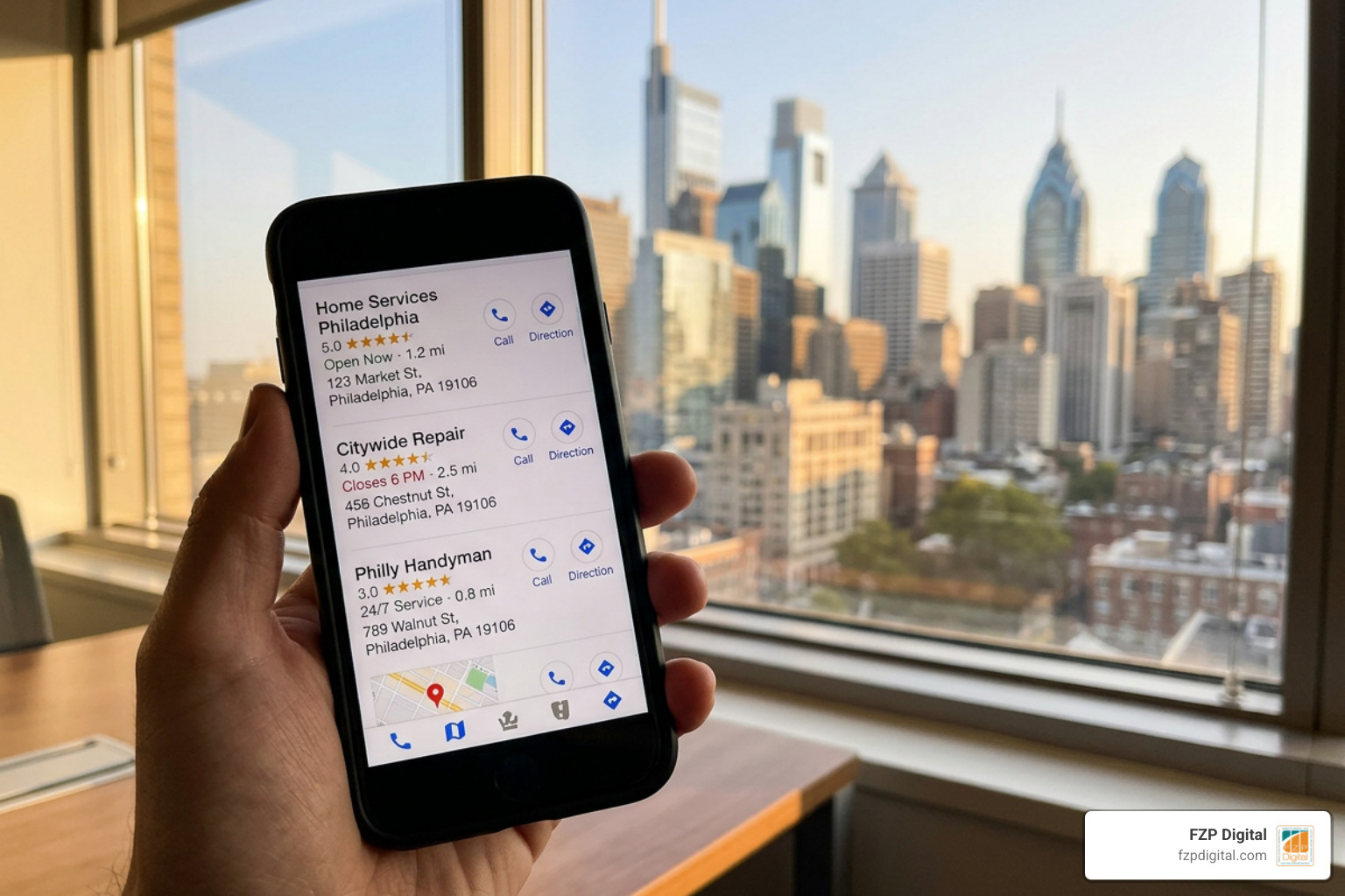 Smartphone screen showing local search results for a service business in Philadelphia Smartphone screen showing local search results for a service business in Philadelphia