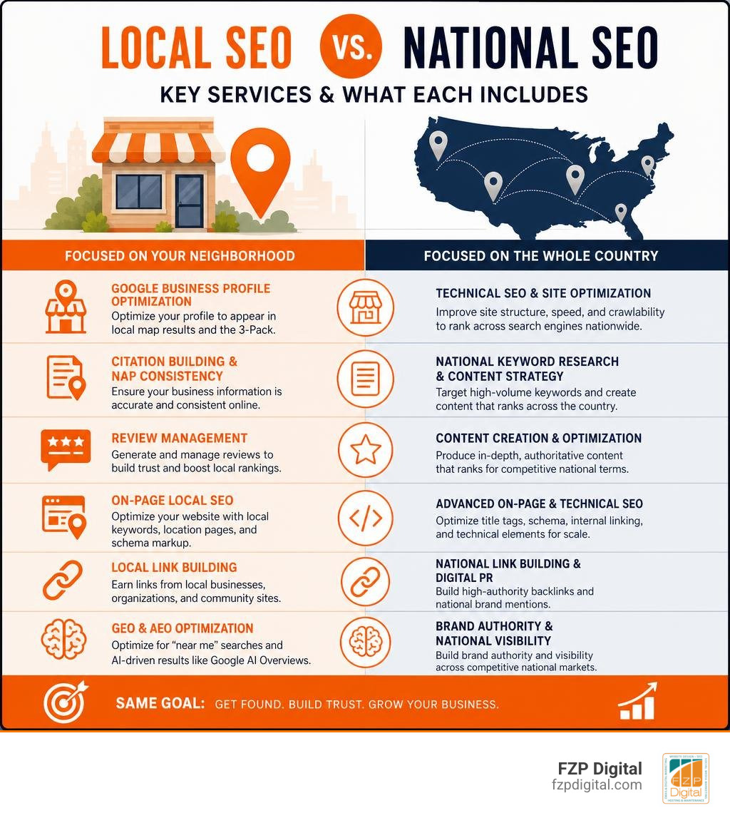Infographic comparing local SEO vs national SEO key services and what each includes infographic Infographic comparing local SEO vs national SEO key services and what each includes infographic
