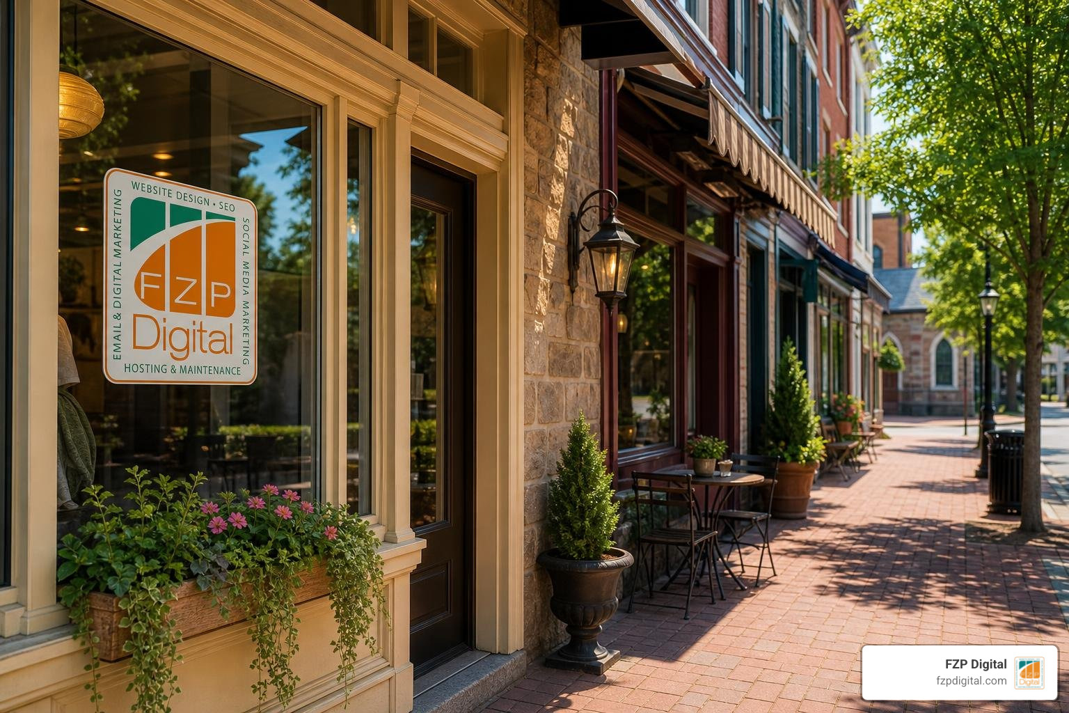 FZP Digital logo and guide to Newtown local business SEO on a historic Newtown PA street FZP Digital logo and guide to Newtown local business SEO on a historic Newtown PA street