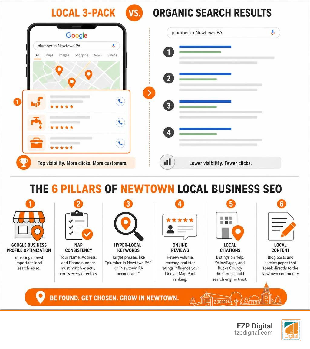 Infographic showing local 3-pack vs organic search results and the 6 pillars of Newtown local business SEO infographic Infographic showing local 3-pack vs organic search results and the 6 pillars of Newtown local business SEO infographic