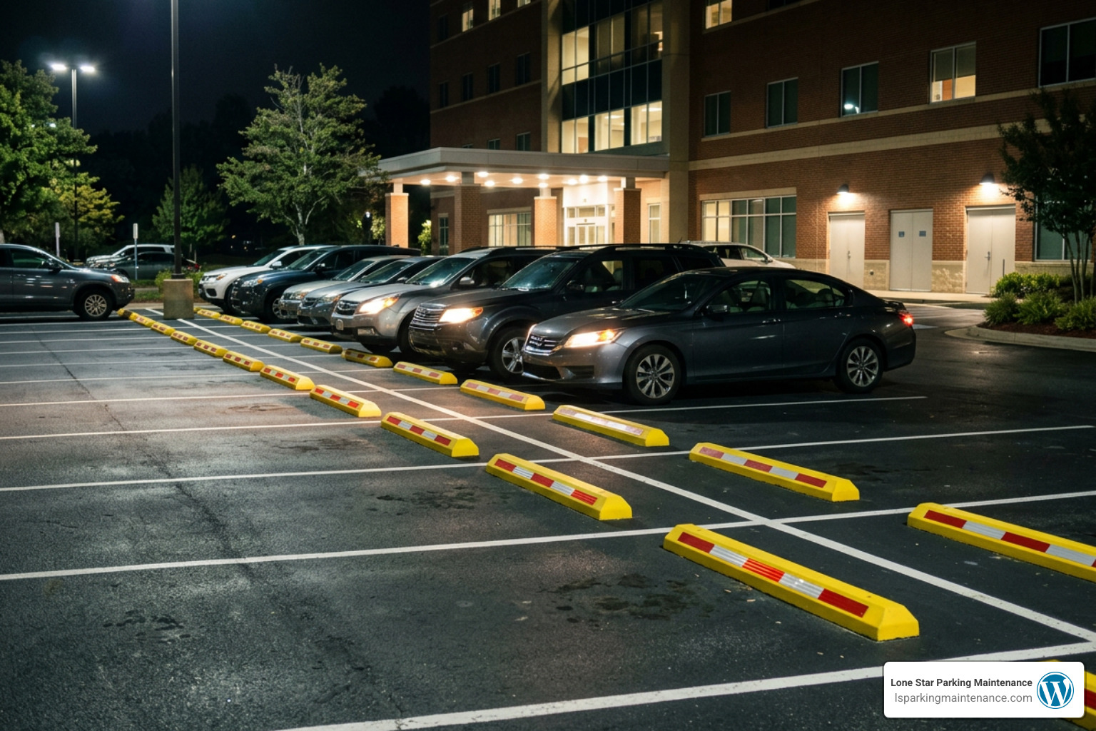 High-visibility wheel stops in a medical center parking lot