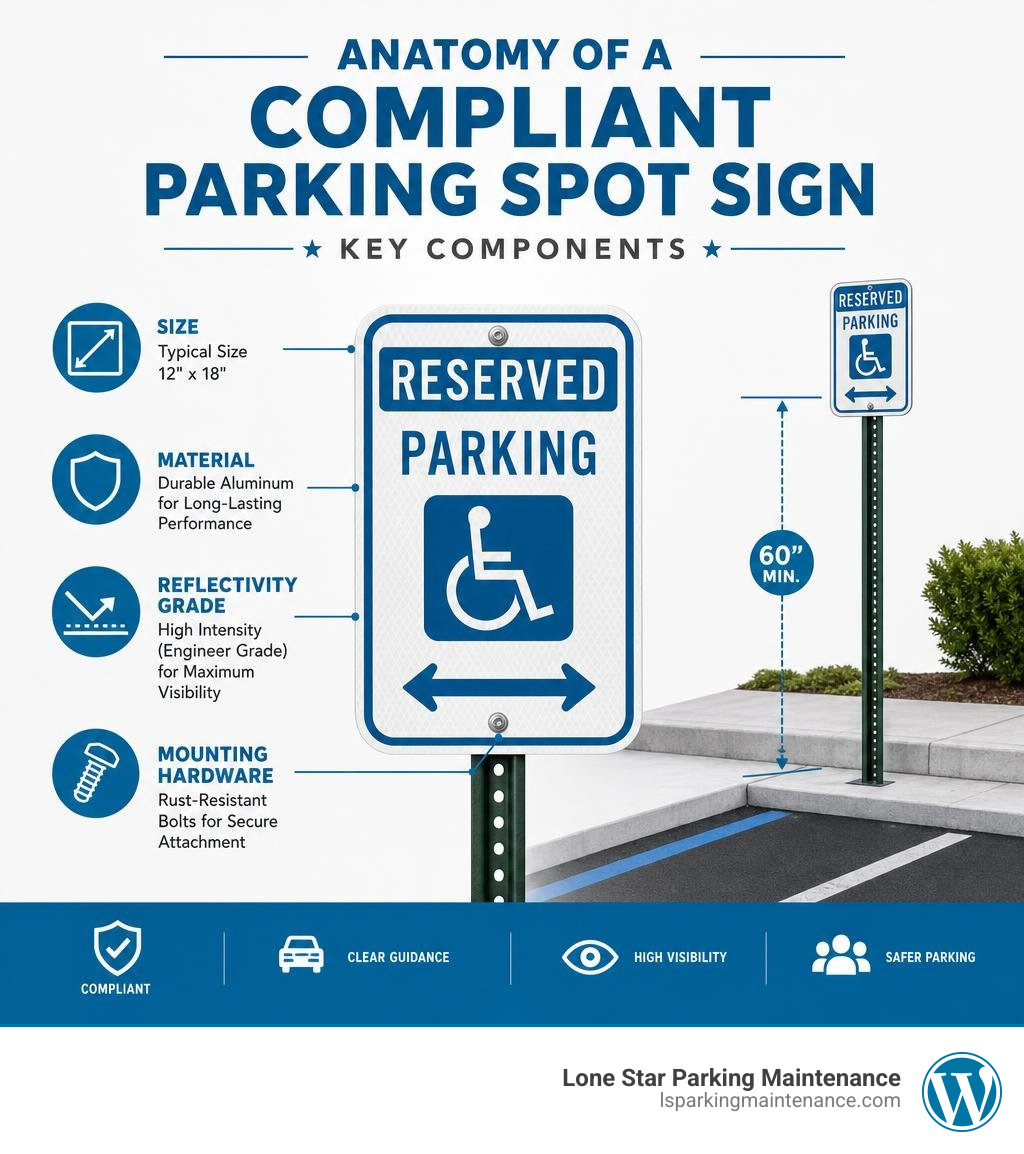 Anatomy of a compliant parking spot sign: key components labeled including size, material, reflectivity grade, and mounting