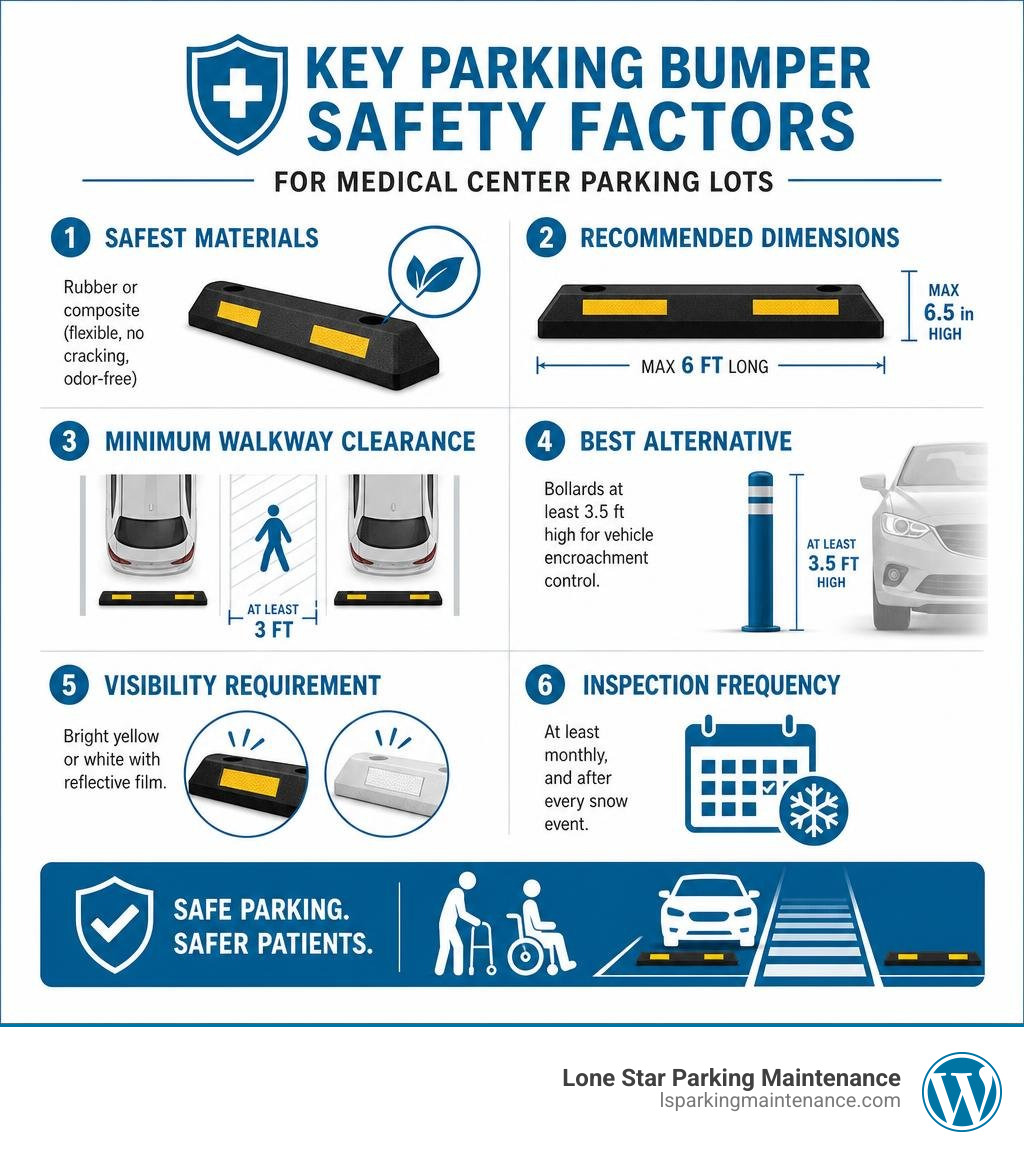 Key parking bumper safety factors for medical center parking lots infographic infographic