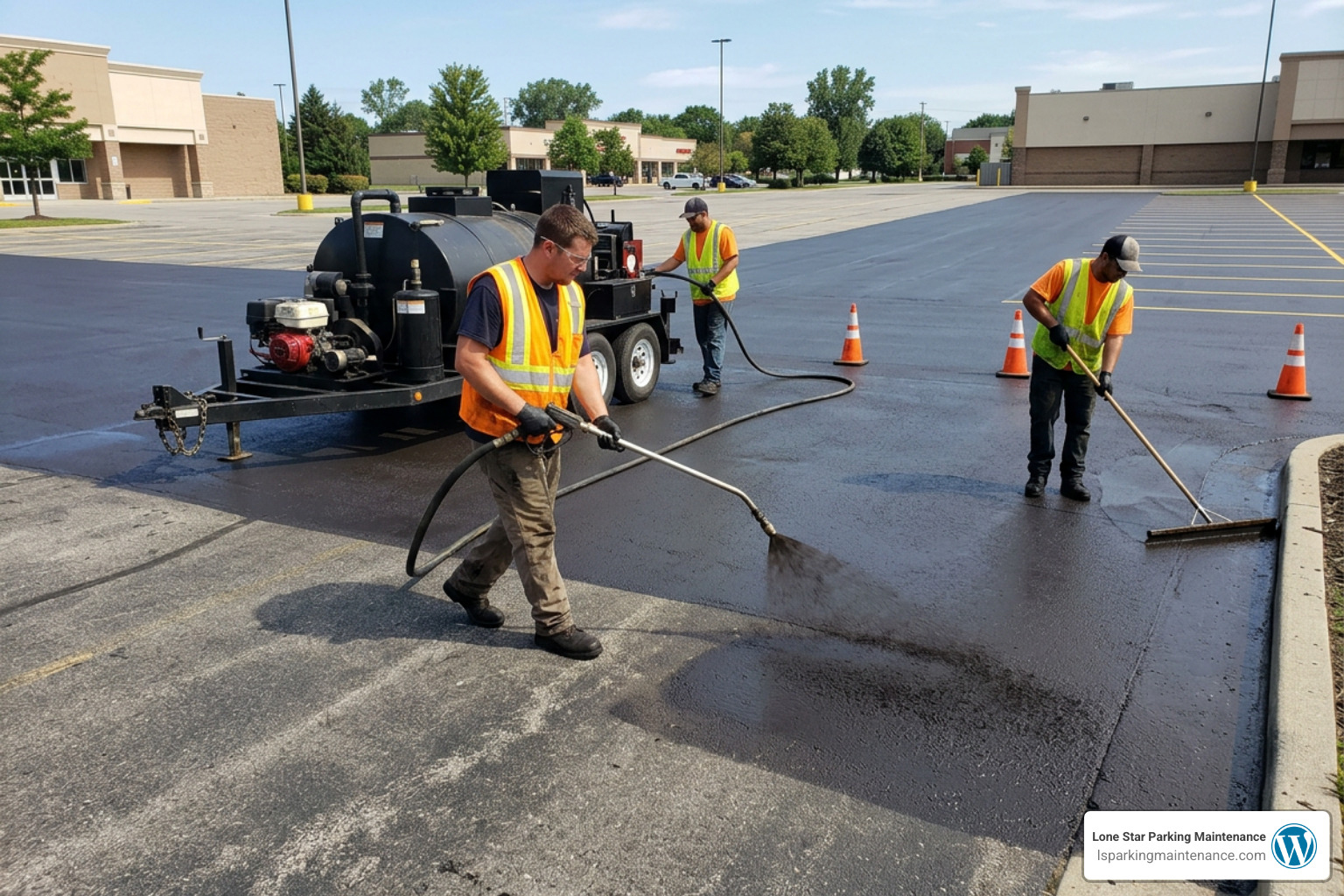 A professional asphalt sealcoating crew using commercial spray equipment to apply a uniform coat on a parking lot