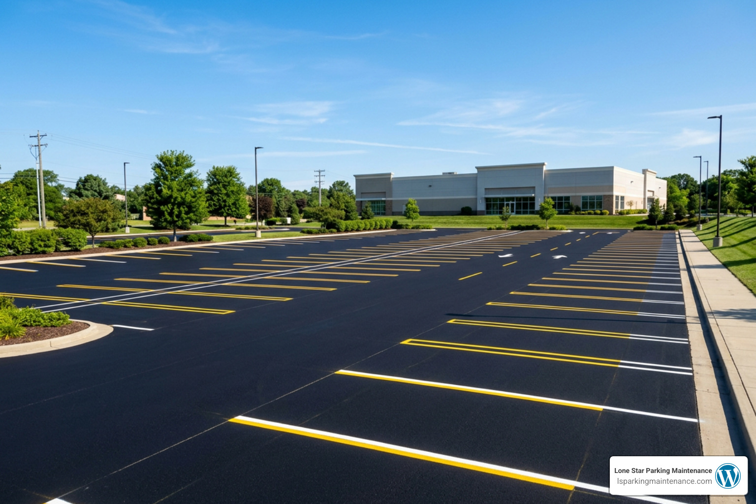A perfectly striped and freshly sealed commercial parking lot with bright yellow and white markings