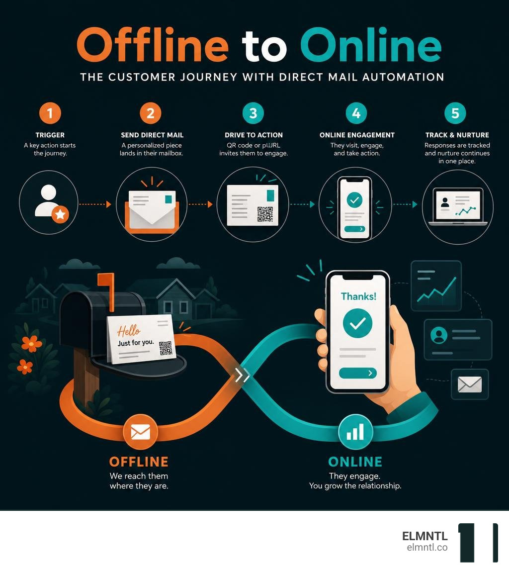 Infographic showing the offline-to-online customer journey using HubSpot direct mail automation infographic Infographic showing the offline-to-online customer journey using HubSpot direct mail automation infographic