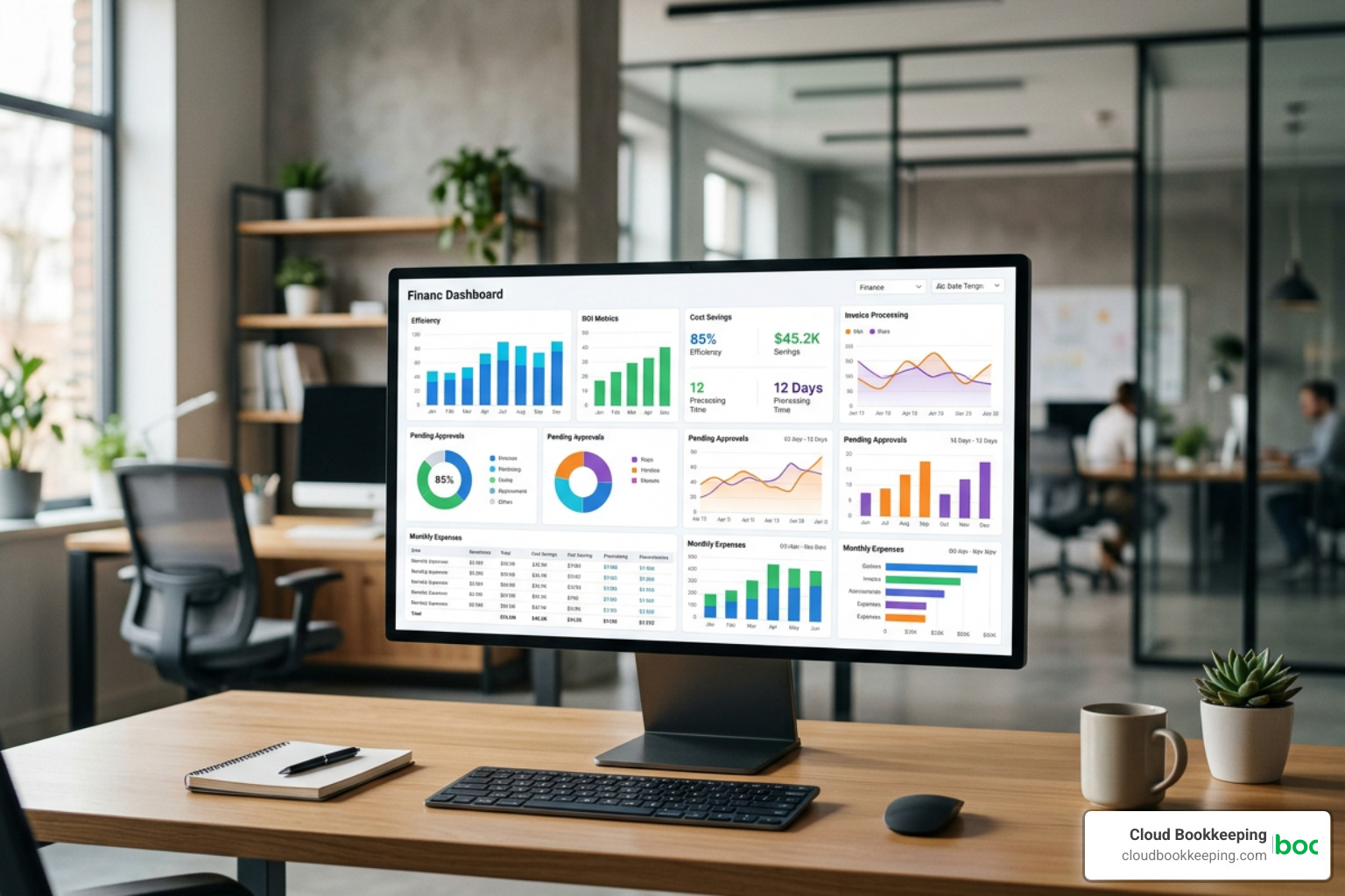 Financial dashboard showing AP cost savings and ROI metrics